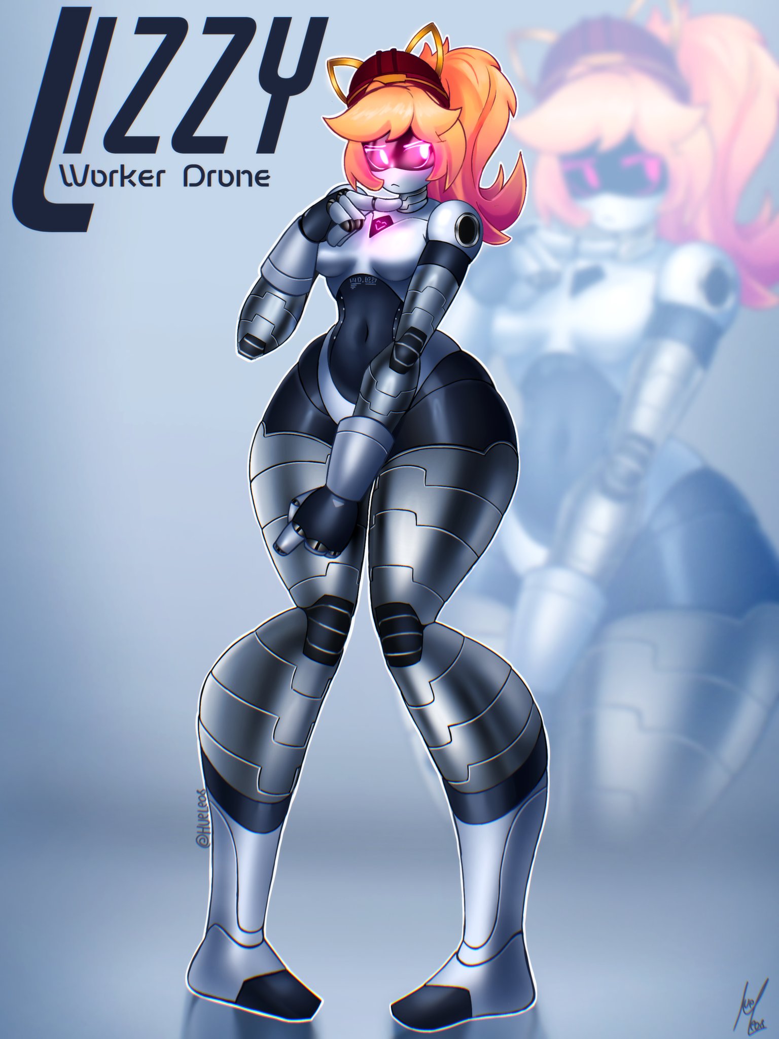 2025, breasts, covering crotch, english text, featureless breasts, female, female only, glitch productions, hard hat, hat only, hueleo8, lizzy (murder drones), murder drones, pink eyes, ponytail, robot, solo, worker drone