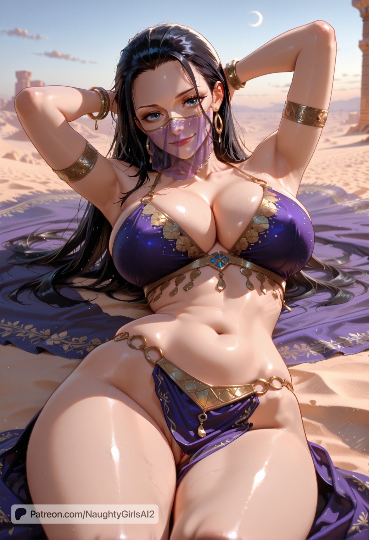 ai generated, armpits, arms up, bare shoulders, big breasts, bikini, black hair, blue eyes, breasts, cleavage, closed mouth, collarbone, day, earrings, eyewear, female, female only, jewelry, large breasts, long hair, looking at viewer, lying, mature, mature female, milf, moon, naughtygirlsai, navel, nico robin, no panties, on back, one piece, outdoors, patreon username, see-through, shiny, shiny skin, sky, smile, solo, stomach, swimsuit, thighs