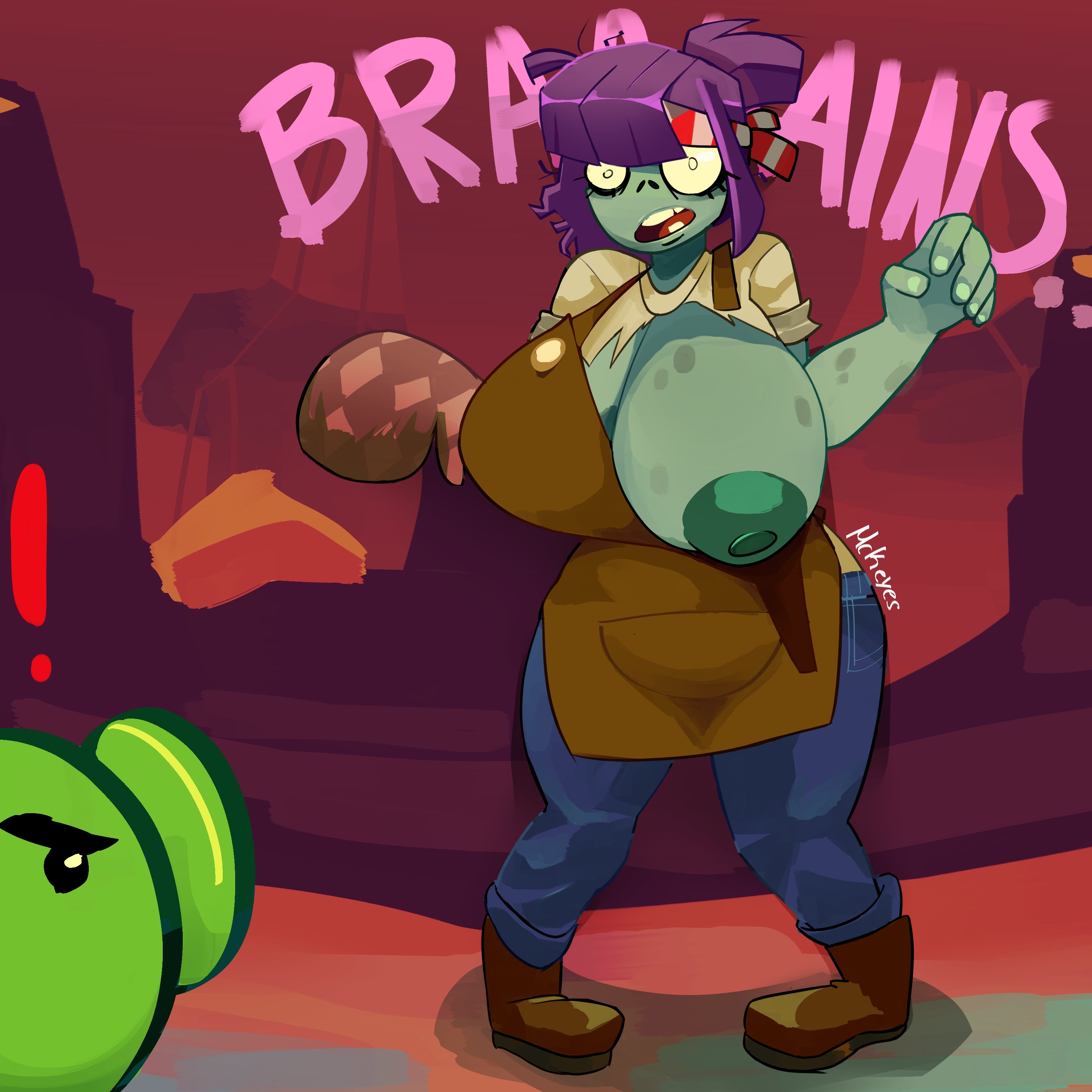 1girls, apron, bandana, breasts, curvy, electronic arts, female, flashing, flashing breasts, mckeyes, peashooter (pvz), plants vs zombies, plants vs zombies 3, popcap, purple hair, pussy, undead, vagina, zombie, zombie (pvz), zombie girl