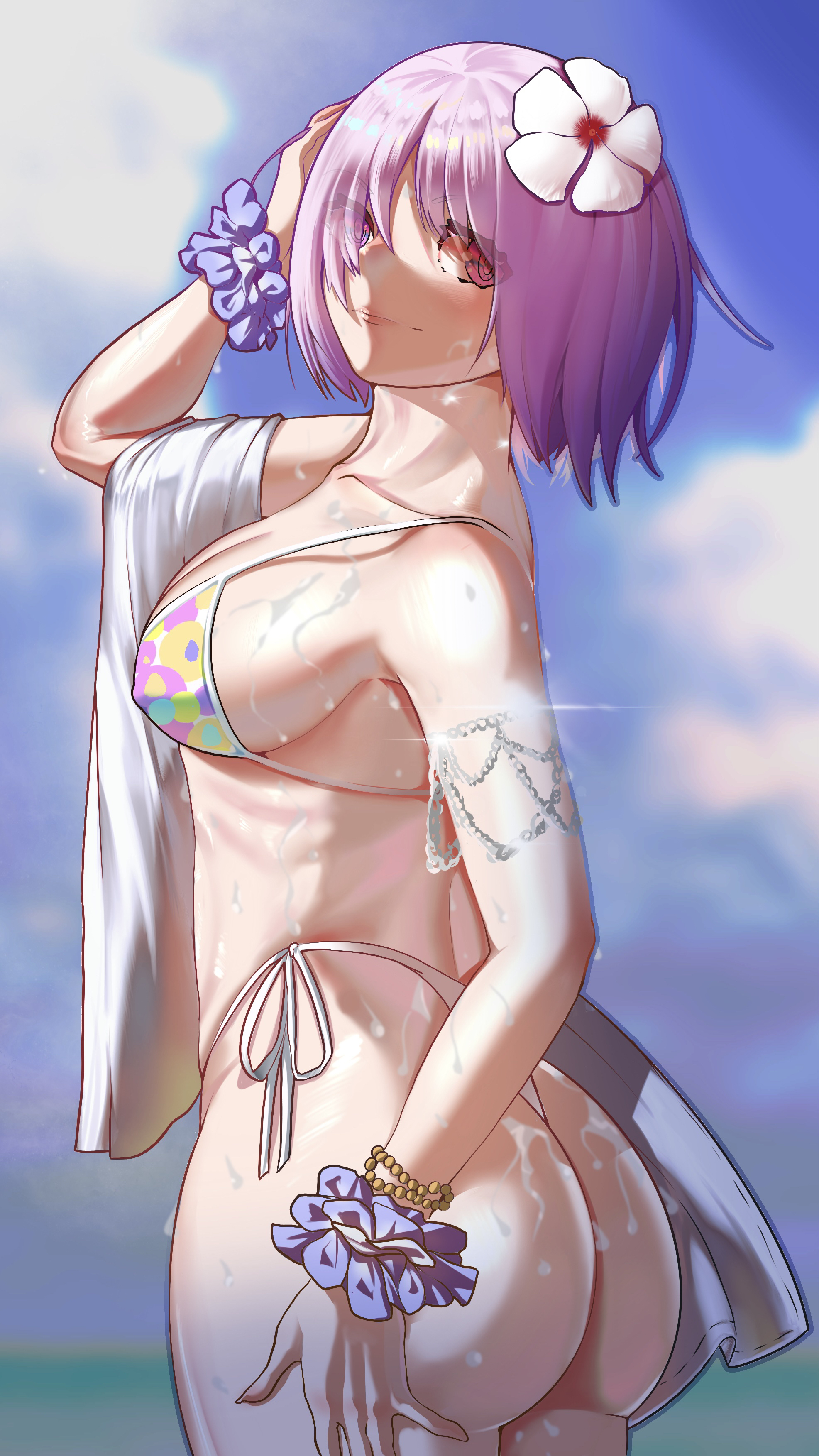1girls, ass, big ass, bikini, breasts, cloudy rain4, fate (series), fate/grand order, female, female only, flower, flower in hair, hi res, large ass, mash kyrielight, sideboob, solo, solo female, swimwear