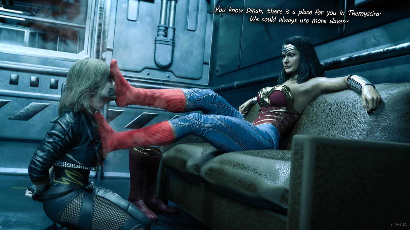 2girls, 3d, 3d (artwork), 3d model, 3d render, arms behind back, arms bound, arms bound behind back, artist name, black canary, black canary (injustice), black hair, blonde hair, bondage, boots, boots removed, bound, bracelet, commission, dc, dc comics, dialogue, diana prince, dinah lance, domination, english, english text, feet, feet in face, feet up, female, female only, femdom, femsub, fishnet, fishnet legwear, fishnet stockings, fishnets, foot fetish, foot focus, foot play, foot worship, footwear, gag, gagged, injustice 2, kneeling, leather, legs up, musk, musk clouds, musky, musky feet, sinatra, sitting, sitting on couch, slave, submissive, submissive female, tape, tape gag, taped mouth, text, tiara, wonder woman, wonder woman (injustice), wonder woman (series)