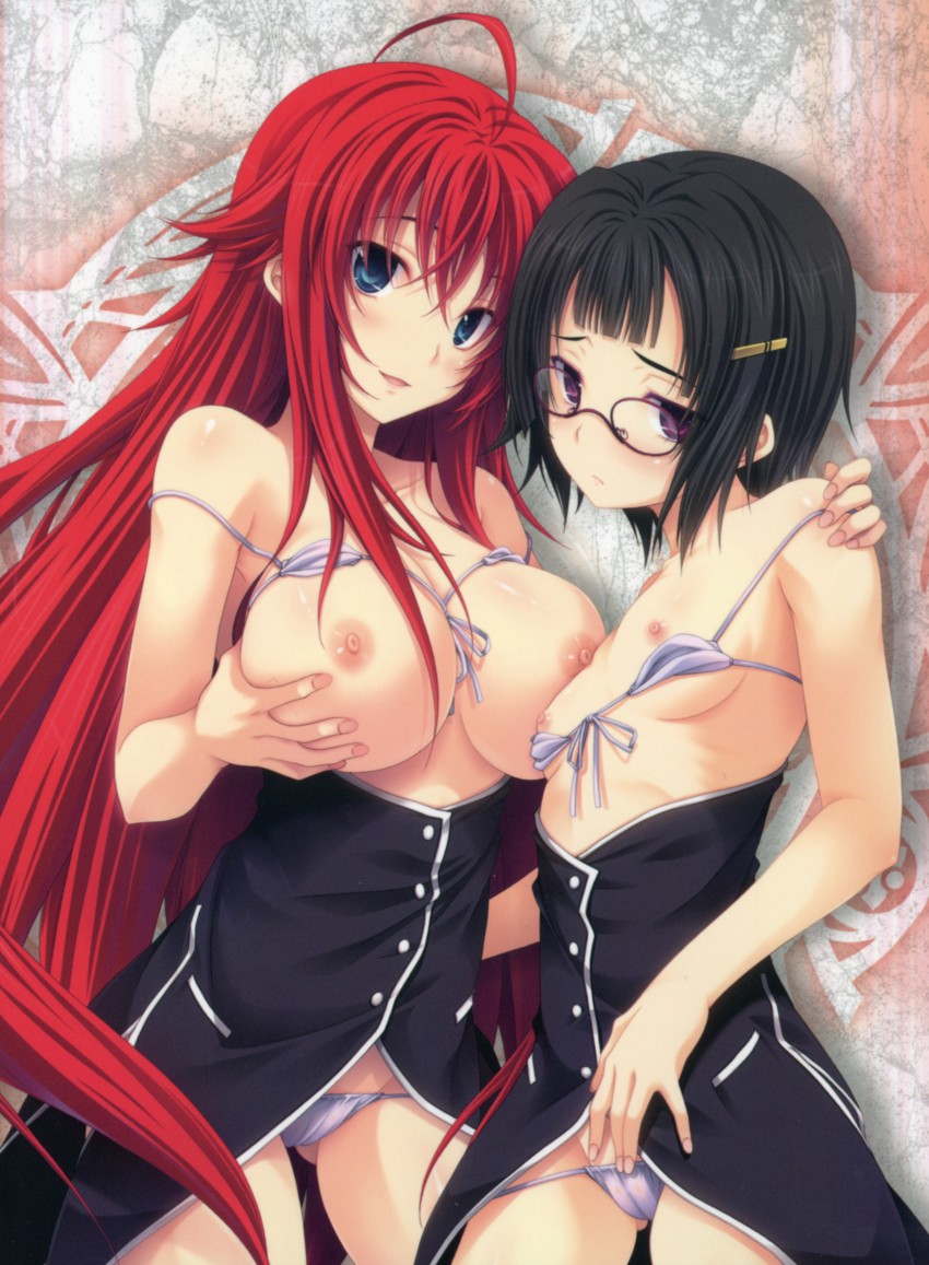 2girls absurdres ahoge bikini bikini_lift black_hair blue_eyes blush breast_grab breasts glasses grabbing high_school_dxd large_breasts long_hair miyama-zero multiple_girls nipples no_pants panties purple_eyes red_hair rias_gremory short_hair small_breasts smile sona_sitri swimsuit underwear white_bikini white_swimsuit