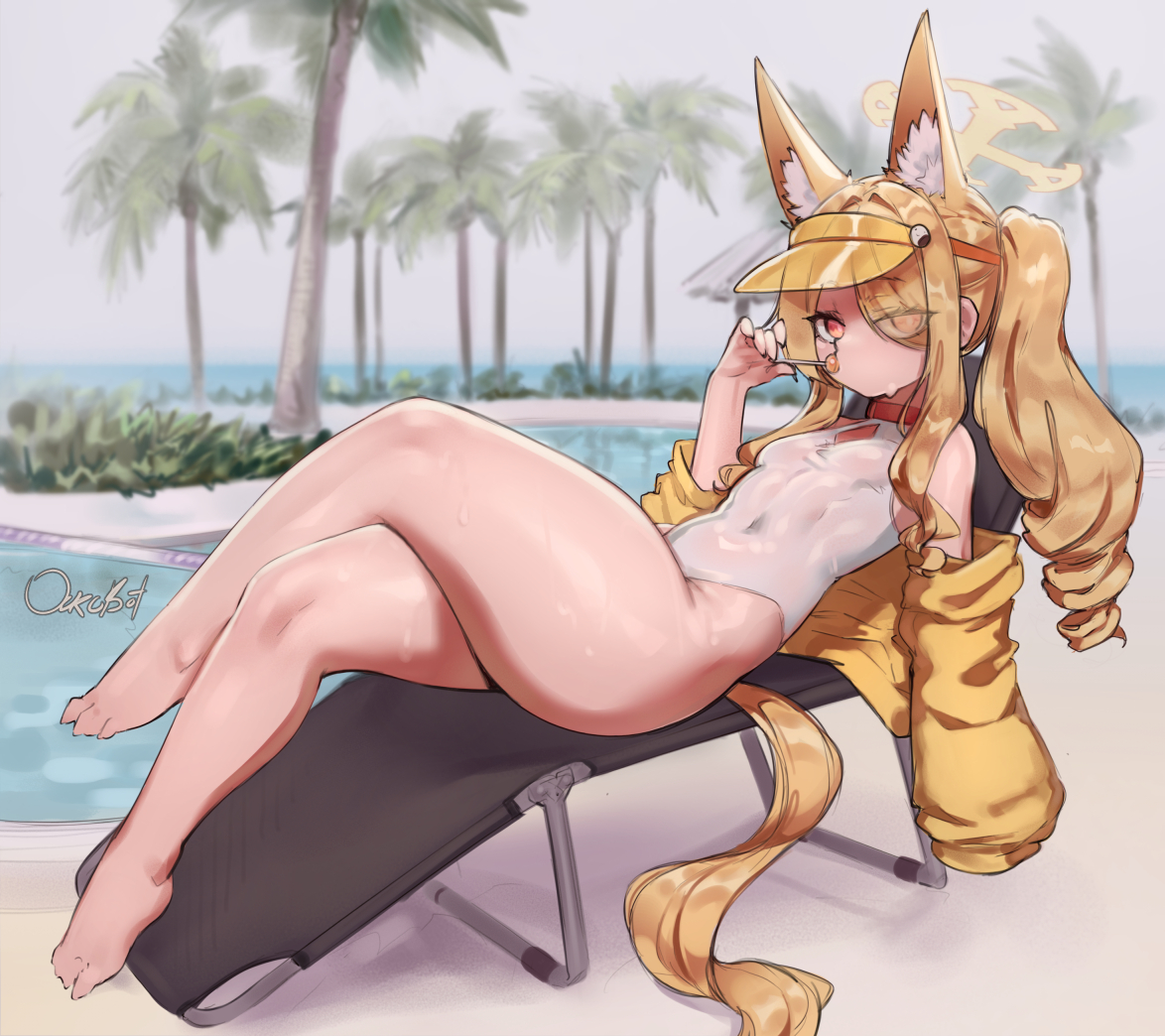 1girls, blue archive, bottom heavy, breasts, cute ears, female, fox girl, lollipop, lying on back, one eye covered, one-piece swimsuit, ourobot, ponytail, poolside, seia (blue archive), seia (swimsuit) (blue archive), small breasts, swimsuit, thick thighs, tight clothing, toned female, wet, white swimsuit