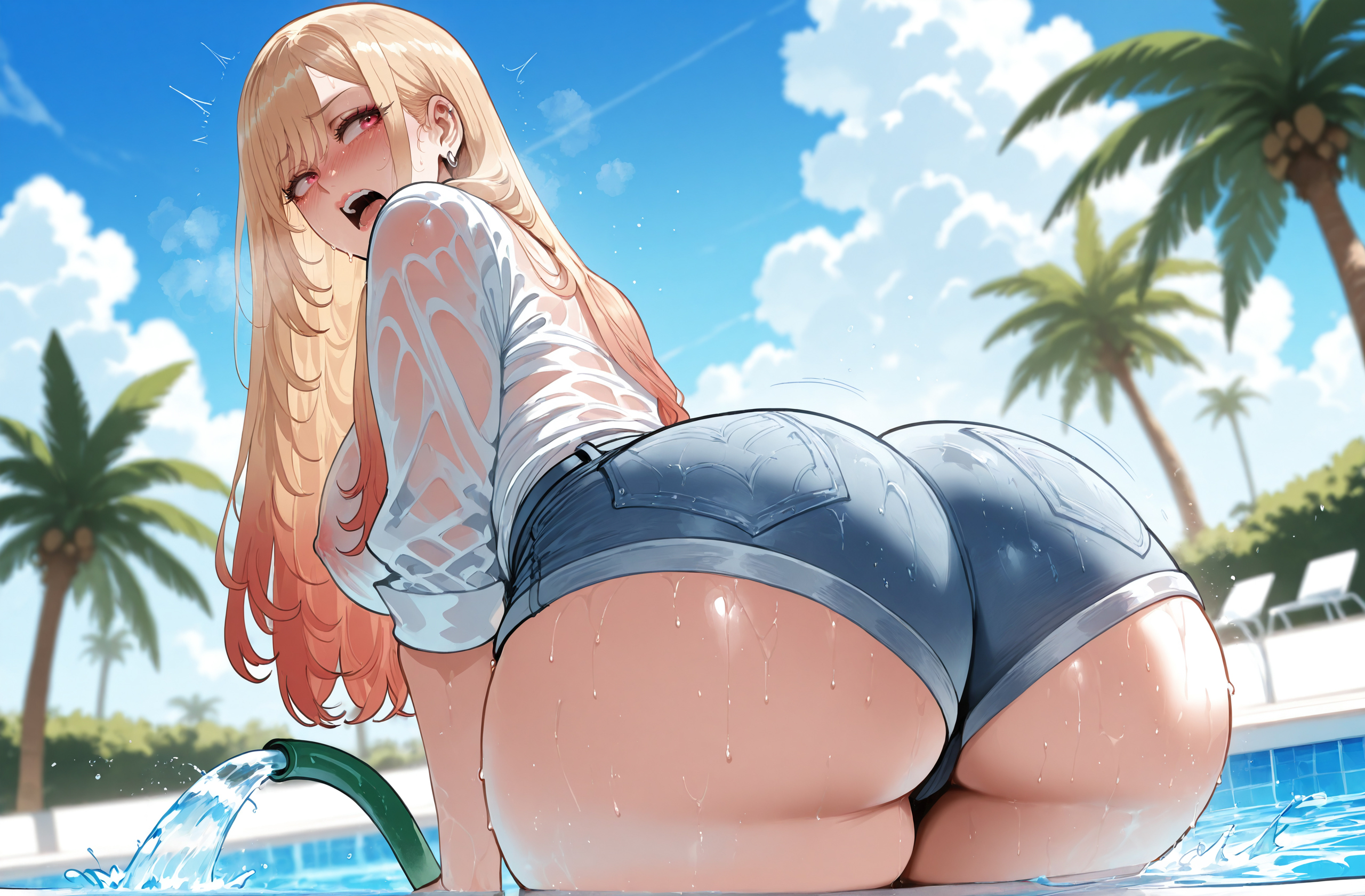 1girls, ai generated, ass, ass focus, barbell piercing, big breasts, bikini, blonde hair, blue shorts, blue sky, blurry background, blush, breasts, clothing, cloud, colored tips, covered nipples, curvaceous, curvaceous female, curvaceous figure, curvy, curvy figure, day, denim, denim shorts, ear piercing, earrings, female, female focus, female only, from behind, gradient hair, hose, huge ass, inviting, inviting to sex, jewelry, kitagawa marin, large breasts, light-skinned female, long hair, looking at viewer, looking back, miyuai, multicolored hair, open mouth, outdoors, palm tree, piercing, pool, pool ladder, poolside, presenting, presenting ass, presenting breasts, presenting hindquarters, presenting self, red eyes, seductive, seductive look, seductive smile, see-through, shirt, short shorts, shorts, sky, solo, sono bisque doll wa koi wo suru, swimsuit, teeth, thick thighs, thighs, tied shirt, tree, underbutt, upper teeth only, voluptuous, voluptuous female, water, wet, wet clothes, wet shirt, white shirt