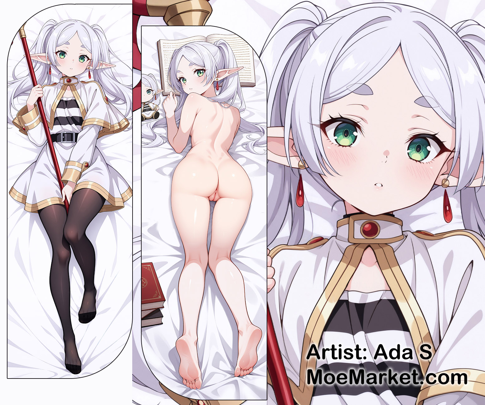 1girls, ada s, ai generated, barefoot, dakimakura, dakimakura design, earrings, elf ears, elf girl, female, frieren, frieren beyond journey's end, holding weapon, looking at viewer, looking back, moemarket, pointy ears, solo, sousou no frieren, thighhighs, twintails, white hair