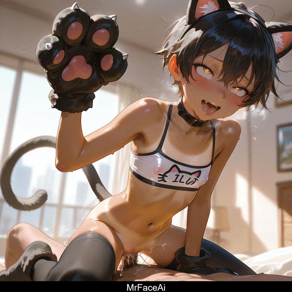 1boy, 1girls, ahe gao, ai, ai generated, animal hands, bare shoulders, black hair, black legwear, blush, bra, cat ears, cat feet, cat girl, cat paws, cat tail, catgirl, collar, covered nipples, cowgirl position, cum, dark skin, fake animal ears, fangs, female, hair between eyes, indoors, kemonomimi, male, mr face, navel, nipples, open mouth, orange eyes, original character, penis, pussy, sex, sweat, sweatdrop, tail, tan body, tomboy, tounge out, trembling, uncensored, vaginal penetration, vaginal sex