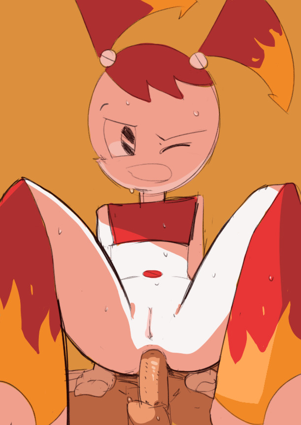 1boy, 1girls, anal, bottomless, female, fridge (artist), hot rod jenny wakeman, jenny wakeman, male, my life as a teenage robot, nickelodeon, pussy, red hair, robot, robot girl, robot humanoid, twintails, vagina, white skin