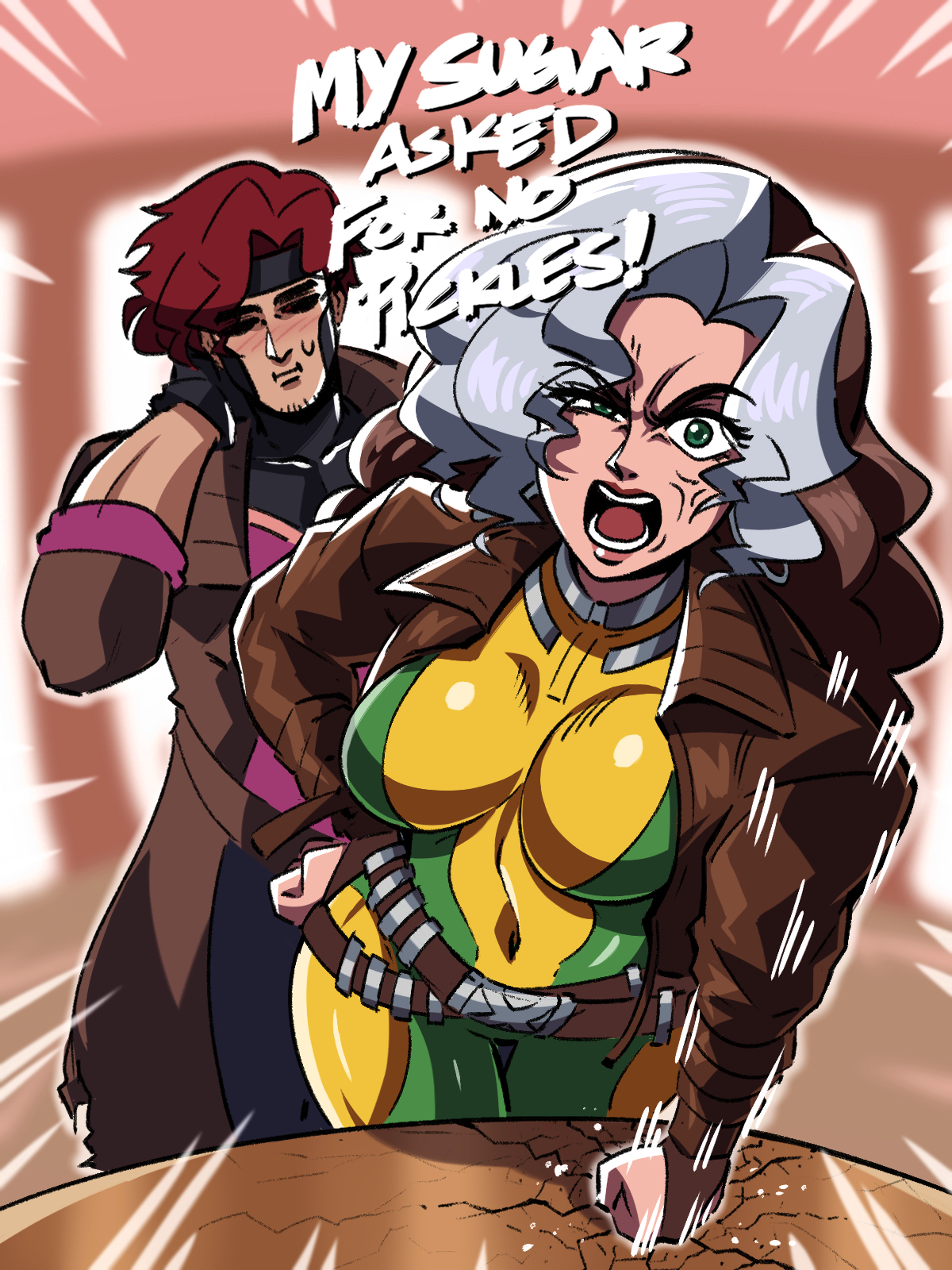 angry face, anna marie, blushing at partner, breasts, couple, female, funny, gambit, he asked for no pickles, huge breasts, lovers, marvel, marvel rivals, meme, mutant, mutant (marvel), pommuart, remy lebeau, rogue (marvel rivals), rogue (x-men), tinafate1, x-men