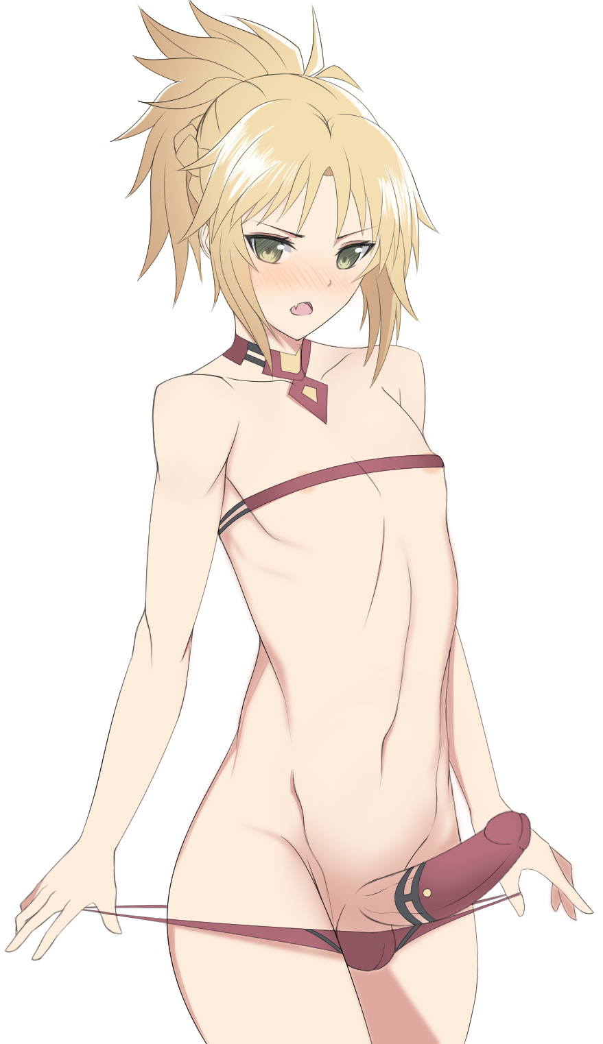 adapted_costume antenna_hair areola_slip areolae bandeau bangs bare_arms bare_shoulders belt_bra bikini bikini_pull blonde_hair blush braid collarbone commentary_request condom cowboy_shot detached_collar erection fate/apocrypha fate/grand_order fate_(series) femboy french_braid genderswap_(ftm) green_eyes groin highres looking_at_viewer male_focus man_hi_dun micro_bikini mordred_(fate) navel nose_blush oerba_yun_fang open_mouth penis penis_accessory penis_sheath ponytail red_bikini rule_63 shiny shiny_hair short_hair short_ponytail sidelocks simple_background solo standing stomach strapless strapless_bikini swimsuit testicle_peek testicles trap tsurime v-shaped_eyebrows white_background