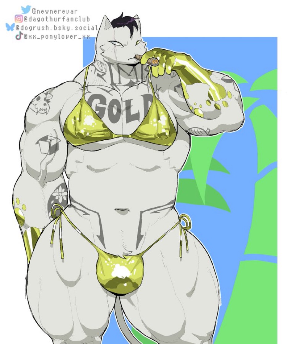 1boy, anthro, bara, beach, blue sky, buff, bulge, crossdressing, dagothurfanclub, dogrush, fortnite, golden week, male, meowdas, newnerevar, smoking, solo, yaoi