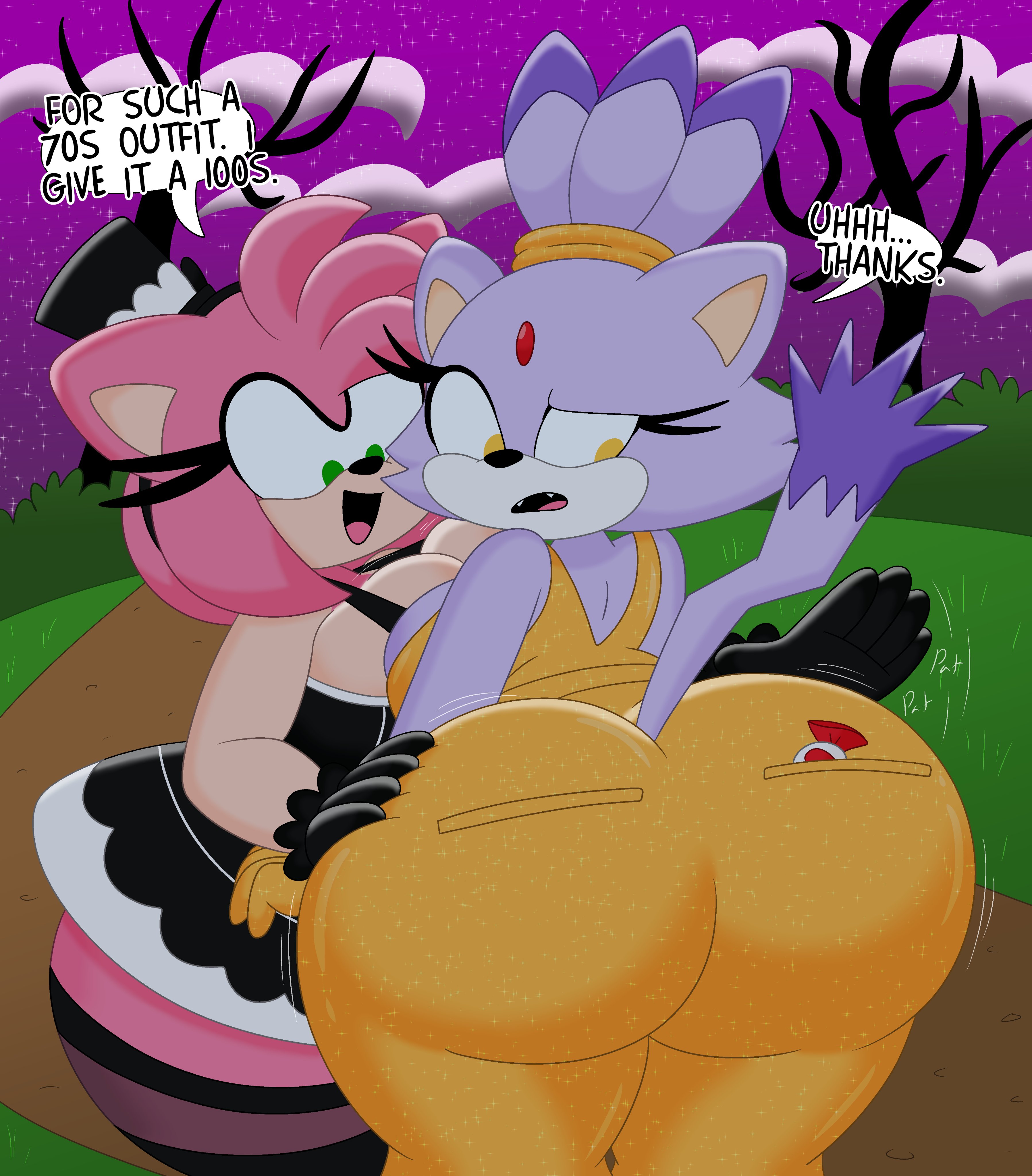 2girls, 3barts, amy rose, big breasts, big butt, blaze the cat, breasts, bubble butt, english text, female, furry, halloween, halloween costume, sonic (series), sonic the hedgehog (series), text, wide hips