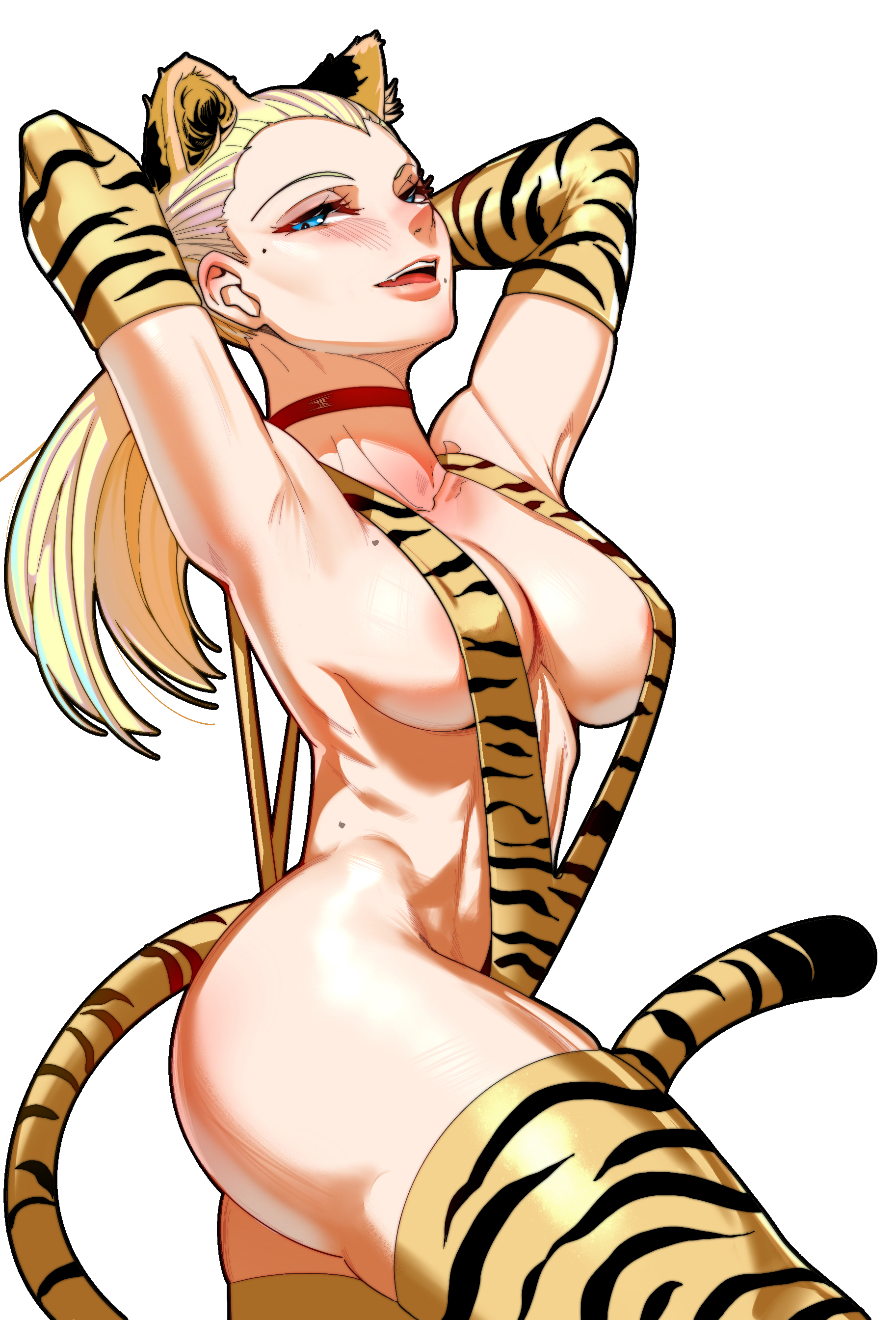 1girls, animal ears, animal print, armpits, blonde hair, blue eyes, breasts, cloudy rain4, female, female only, hi res, legwear, original, sling bikini, solo, solo female, thick thighs, thighhighs, tiger print, white background, wide hips