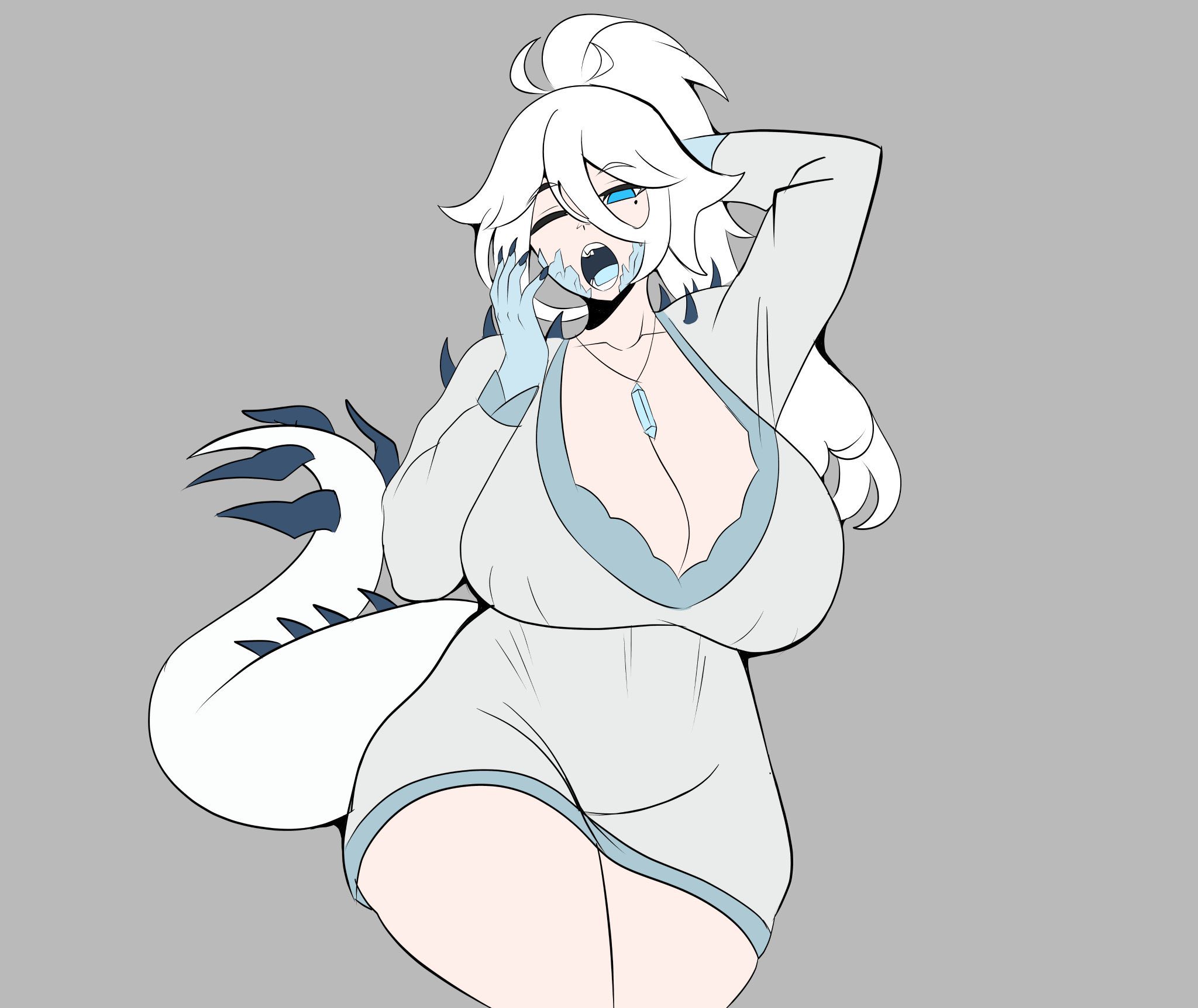 azzytheslime, blue eyes, breasts, breasts bigger than head, cleavage, female, gigantic breasts, godzilla x kong: the new empire, hair between eyes, huge breasts, long hair, monster girl, monsterverse, one eye closed, ponytail, shimo (kaiju), tail, white hair