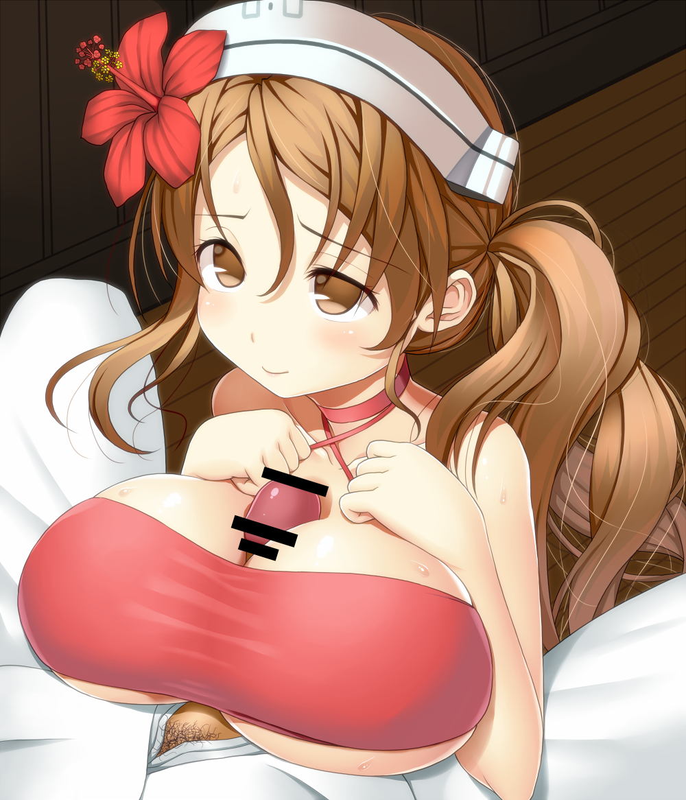 1boy admiral_(kantai_collection) asamura_hiori bar_censor bikini breast_squeeze breasts brown_eyes brown_hair censored female flower hair_flower hair_ornament halterneck hat hibiscus indoors kantai_collection large_breasts littorio_(kantai_collection) long_hair no_pupils paizuri paizuri_under_clothes penis ponytail side_ponytail smile solo_focus straight sweat swimsuit tied_hair wavy_hair