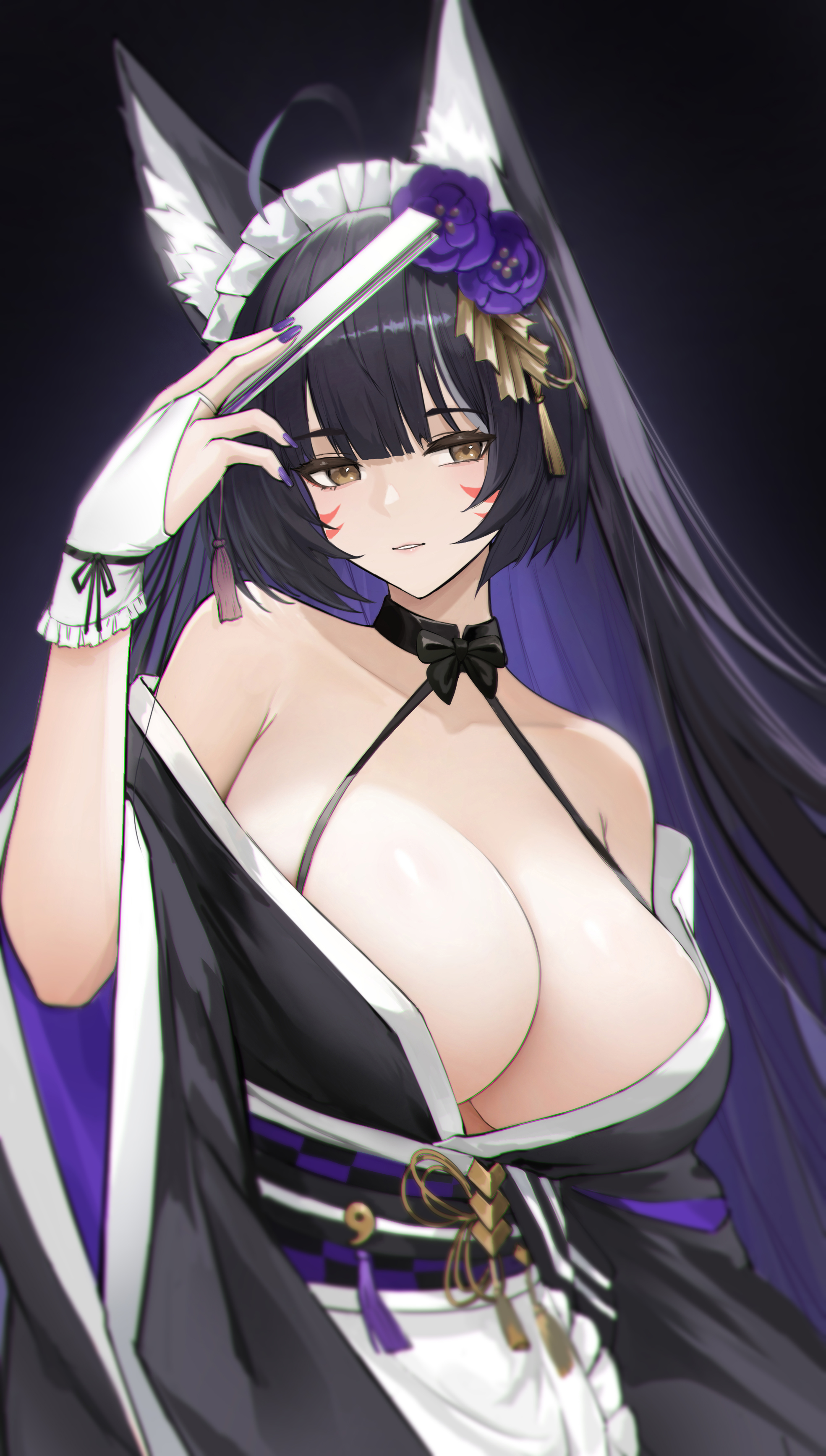 ahoge, animal ear fluff, animal ears, apron, azur lane, bare shoulders, black background, black bow, black bowtie, black hair, black kimono, bow, bowtie, breasts, bridal gauntlets, brown eyes, cg, choker, cleavage, collarbone, facial mark, female, fingerless gloves, flower, folding fan, fox ears, fox girl, frilled apron, frilled hairband, frills, gloves, hair flower, hair ornament, hairband, hand fan, hand up, holding, holding fan, huge breasts, japanese clothes, kimono, large breasts, long hair, long sleeves, looking at viewer, maid, maid apron, maid headdress, musashi (azur lane), musashi (violet moonglow) (azur lane), nail polish, obi, off shoulder, official alternate costume, parted lips, purple flower, purple hair, purple nails, sash, simple background, solo, upper body, very long hair, wa maid, waist apron, whisker markings, white apron, white gloves, wide sleeves, yellow eyes