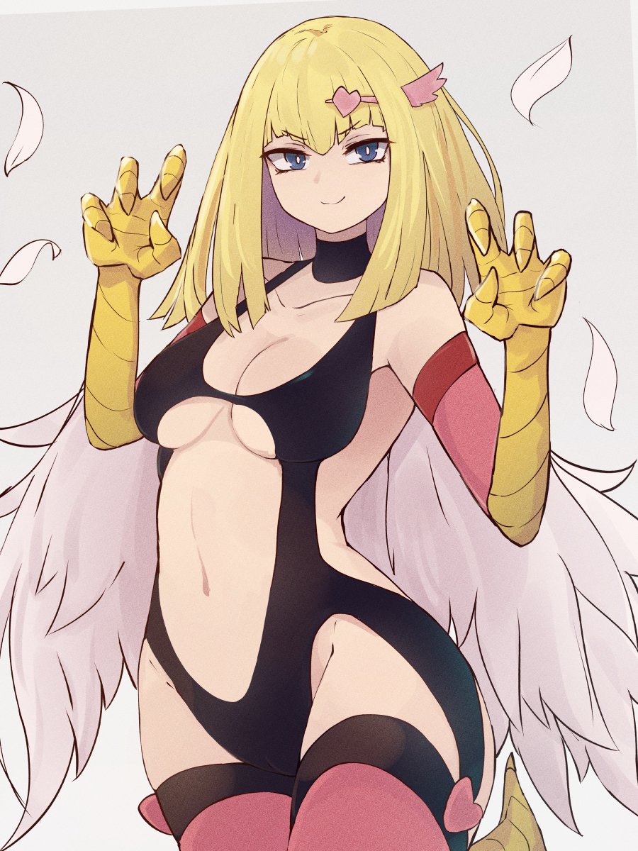 1girls, 2022, 4 fingers, blonde hair, blue eyes, duel monster, feathered wings, female, female only, harpie girl, harpy, harpy girl, konami, long hair, looking at viewer, monster girl, pose, smiling, smiling at viewer, solo, wings, yonaga san, yu-gi-oh!