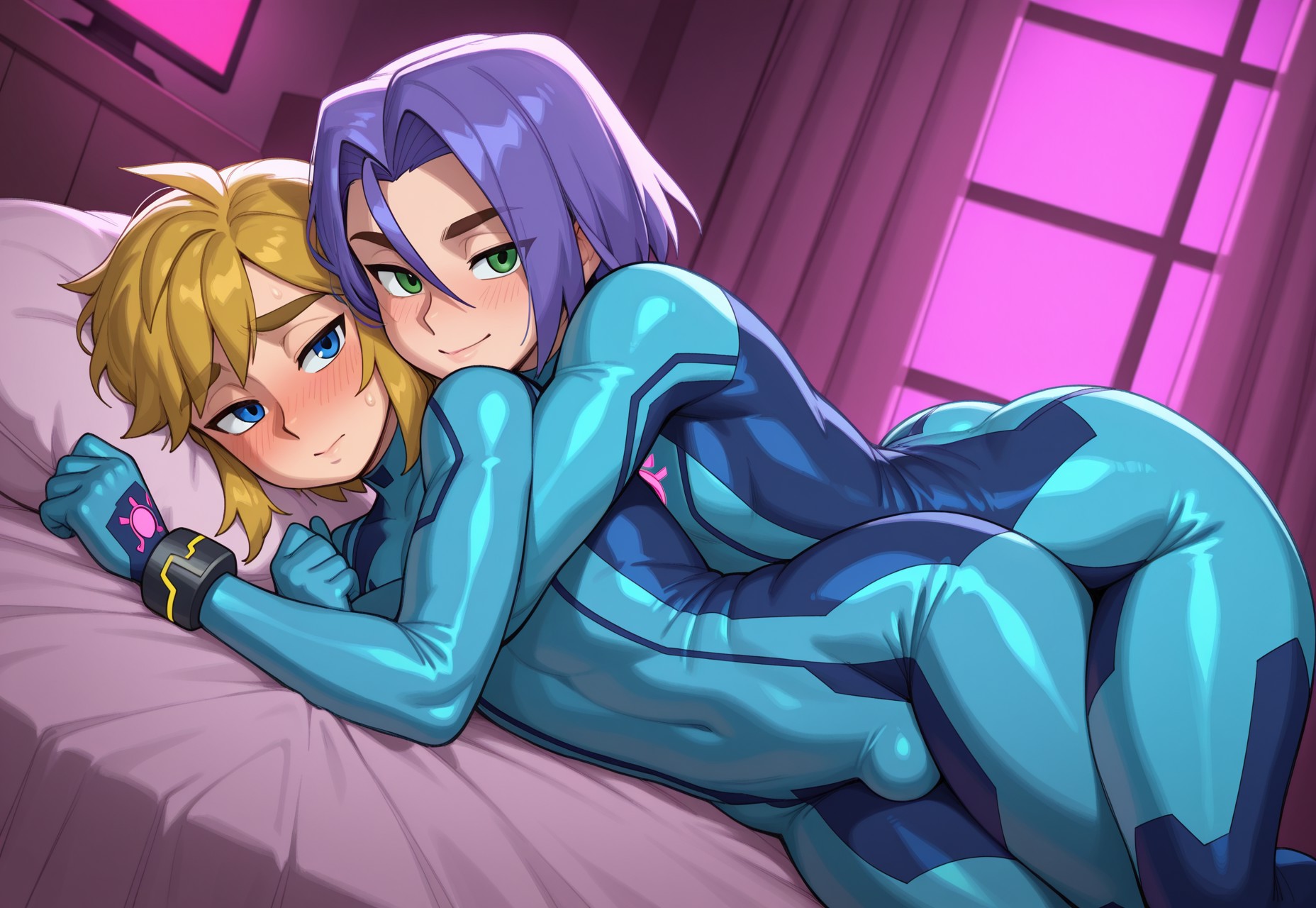 2boys, 2femboys, ai generated, ass, bed, bed sheet, bedroom, big ass, blonde hair, blue bodysuit, blue eyes, blush, bulge, crossdressing, crossover, crossover cosplay, crossplay, dispatcher2, embarrassed, femboy, feminine male, girly, green eyes, hugging, hugging from behind, james (pokemon), link, looking at viewer, looking away, lying, lying on bed, lying on person, lying on side, male, metroid, pokemon, purple hair, the legend of zelda, thick thighs, thighs, tight bodysuit, tight clothes, tight clothing, tight fit, trap, zero suit samus (cosplay)