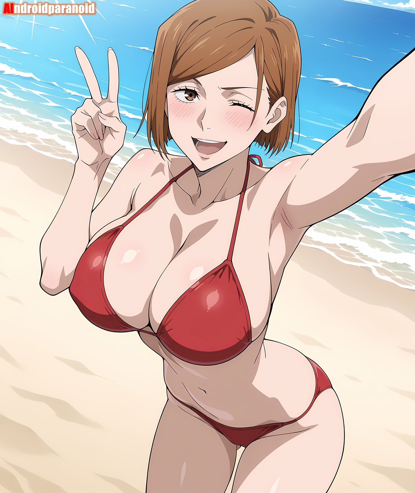 2025, ai generated, aindroidparanoid, anime, beach background, belly, black dot eyes, brown eyes female, brown hair female, crunchyroll, female, female only, holding viewer, instagram, jujutsu kaisen, kugisaki nobara, looking at viewer, meta, nobara kugisaki, open mouth smile, pink blush, red bikini, short hair female, smiling at viewer, taking selfie, tummy, v pose, v sign, winking at viewer