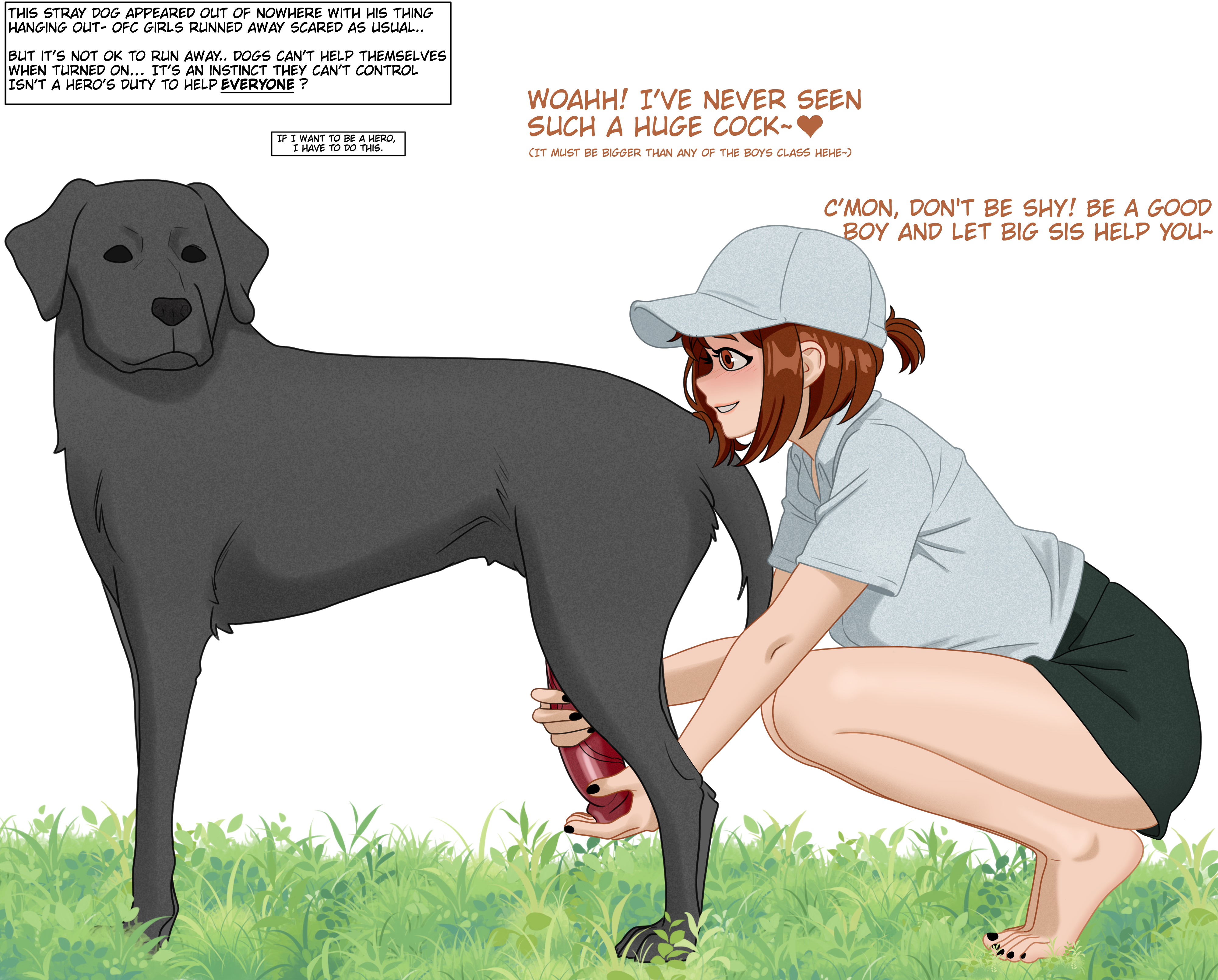 bare legs, barefoot, big penis, black nails, blush, brown eyes, brown hair, canid, canine, canine genitalia, canine on human, canine penis, canis, domestic dog, eyeliner, female, female human/male feral, female on feral, feral, feral on female, feral on human, grass, handjob, handjob from behind, hat, hdreamsart, holding penis, human female, human on feral, imminent sex, kneeling, light skin, light-skinned female, looking at another, male, my hero academia, ochako uraraka, painted nails, penis, penis on hand, reach around, school, school uniform, schoolgirl, short hair, side view, smile, text, text box, toes, zoophilia