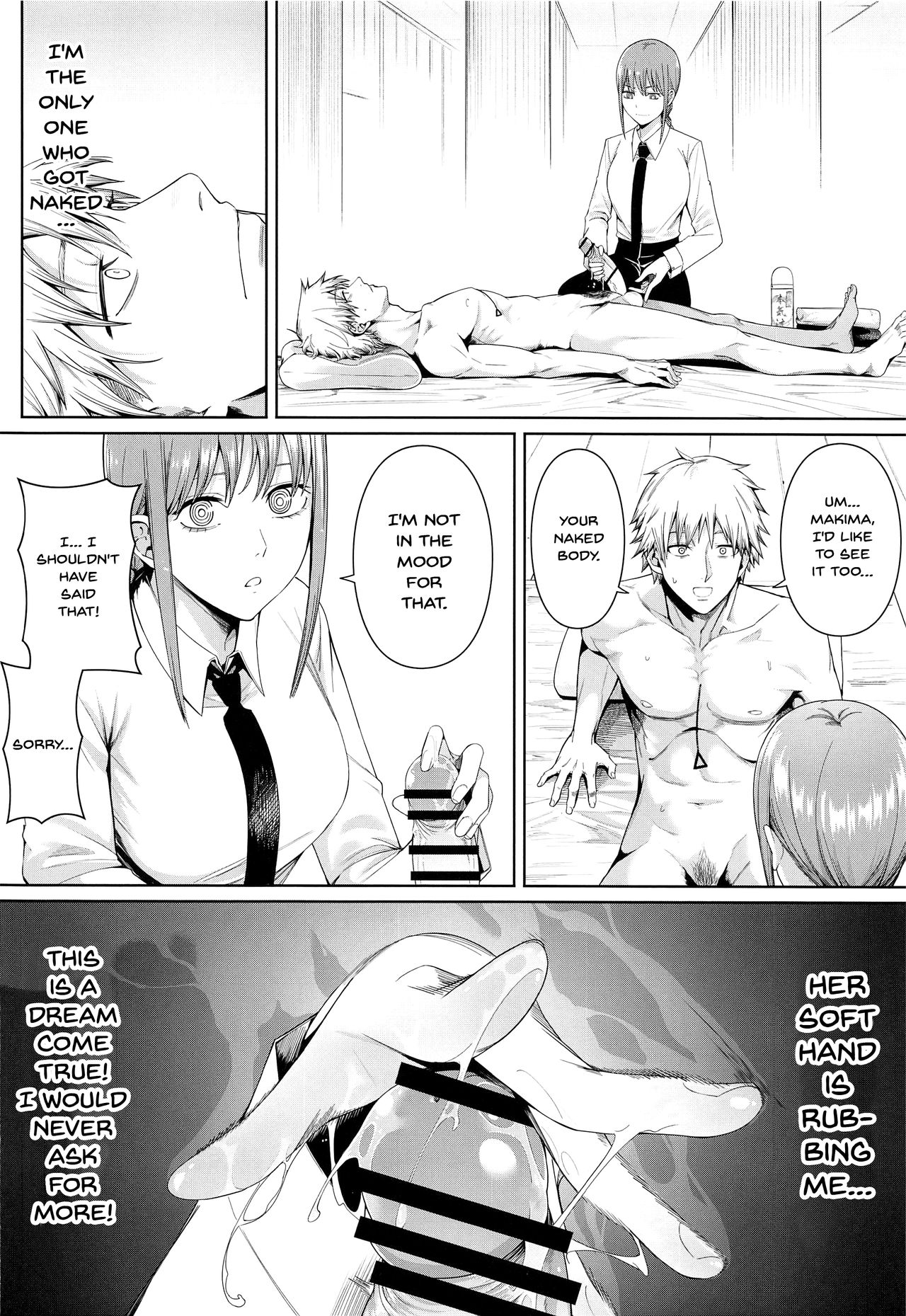 1boy, 1girls, 2d, assertive female, balls, business suit, cfnm, chainsaw man, chicke iii, clothed female nude male, comic, denji (chainsaw man), dominant female, english text, erection, female, femdom, glans, glansjob, grabbing penis, hand on penis, handjob, leaking precum, makima (chainsaw man), male, male pubic hair, masturbating, masturbation, nude, nude male, nude male clothed female, office lady, penis, penis grab, precum, precum drip, precum on hand, precum on penis, pubic hair, submissive male, suit, testicles, text, touching balls, urethral fingering