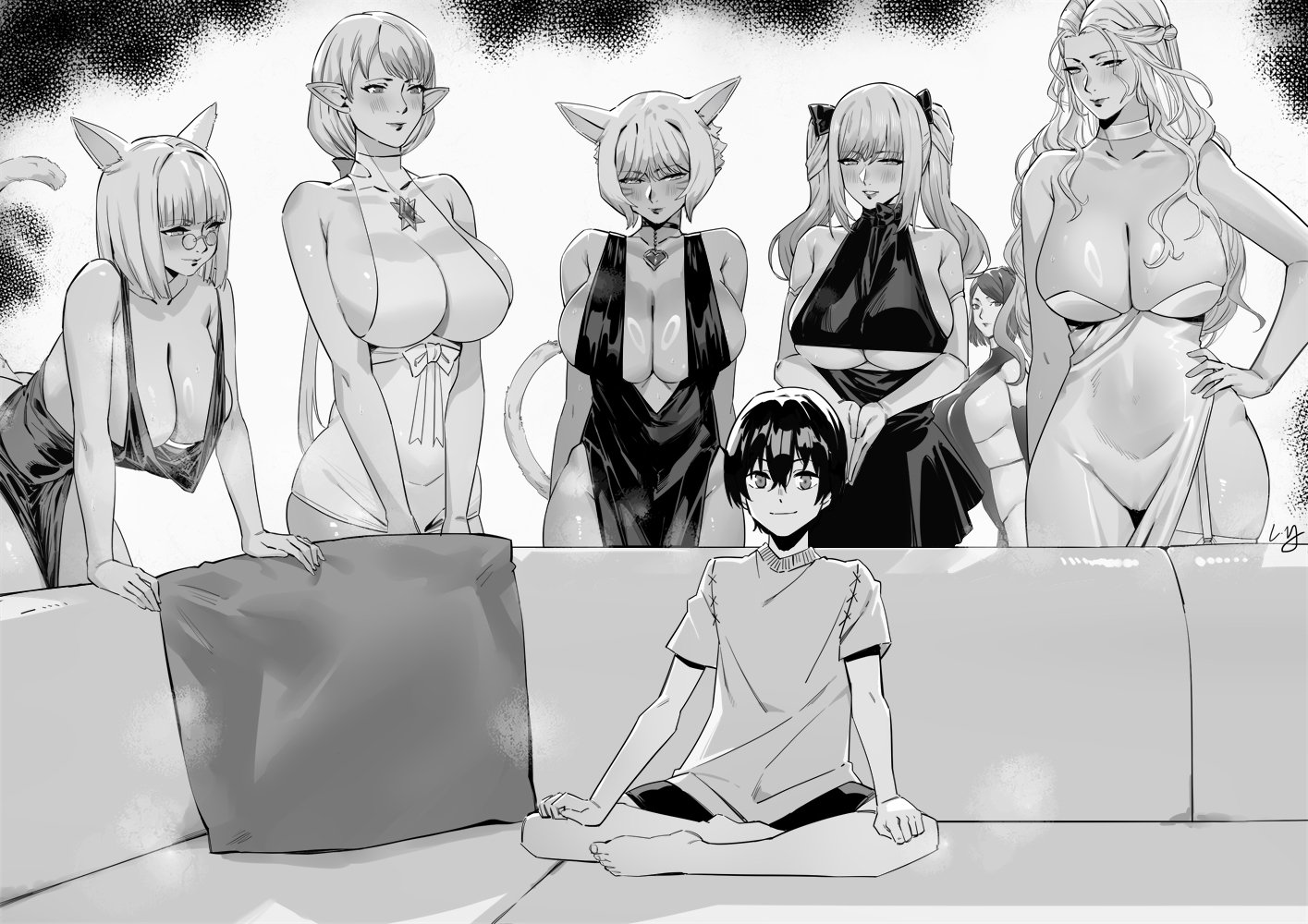 1boy, 5girls, 5milfs, big breasts, blush, breasts, cat ears, catgirl, couch, female, harem, huge breasts, imminent sex, male, milf, multiple females, multiple girls, wide hips