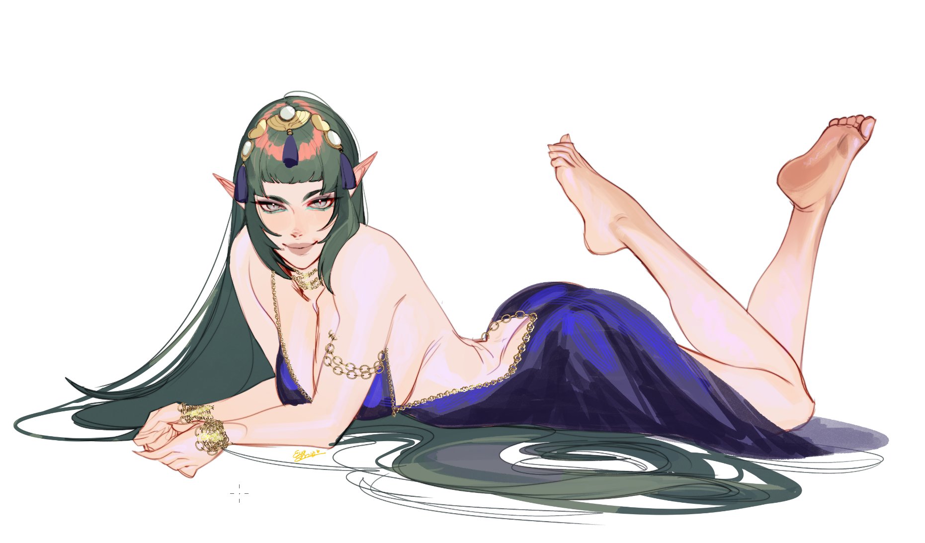 1girls, backless dress, backless outfit, bare legs, bare shoulders, big breasts, blush, breasts, closed mouth, dress, eva smith, feet, female, fire emblem, fire emblem: fortune's weave, fire emblem: three houses, full body, green eyes, green hair, hair ornament, headpiece, high res, intelligent systems, long hair, looking at viewer, lying, nintendo, on stomach, pointy ears, purple dress, simple background, smile, sothis (adult) (fire emblem), sothis (fire emblem), strapless, strapless dress, tassel, tassel hair ornament, tiara, very long hair, white background