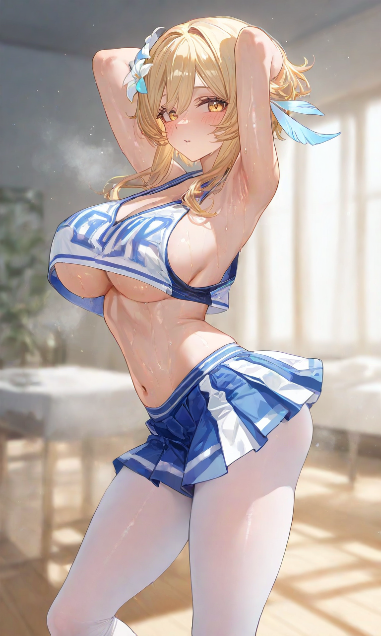 ai generated, armpit, breasts, cheerleader, cheerleader outfit, cheerleader uniform, crop top, female, genshin impact, lumine (genshin impact), miniskirt, pleated skirt, sideboob, slombert, sweat, thighs, thin waist, underboob, white legwear, white tights