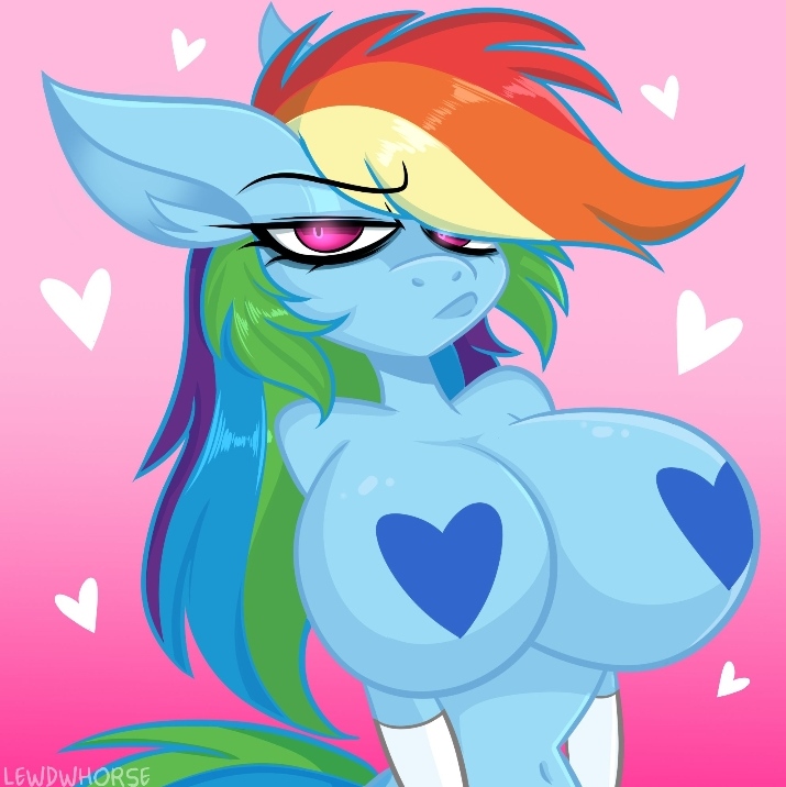 2025, 2d, anthro, artist name, artist signature, breasts, breasts bigger than head, cyan body, cyan skin, elbow gloves, equine, eyebrows, fanart from twitter, female, friendship is magic, hair between eyes, hasbro, heart, heart pasties, huge breasts, lewdwhorse, looking at viewer, multicolored hair, my little pony, navel, no ai, pasties, pink background, pink eyes, rainbow dash (mlp), rainbow hair, solo, tail, twitter link, western cartoon, white gloves, wubcakeva