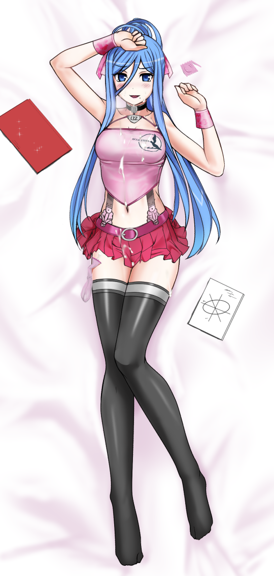 aegis_(nerocc) aoki_hagane_no_arpeggio arm_up belt black_legwear blue_eyes blue_hair blush breasts choker cleavage clothing condom condom_wrapper cum cum_on_clothes dakimakura dakimakura_design female long_hair lying midriff miniskirt mole mole_under_mouth navel on_back skirt smile solo stockings takao_(aoki_hagane_no_arpeggio) thighhighs thighs used_condom