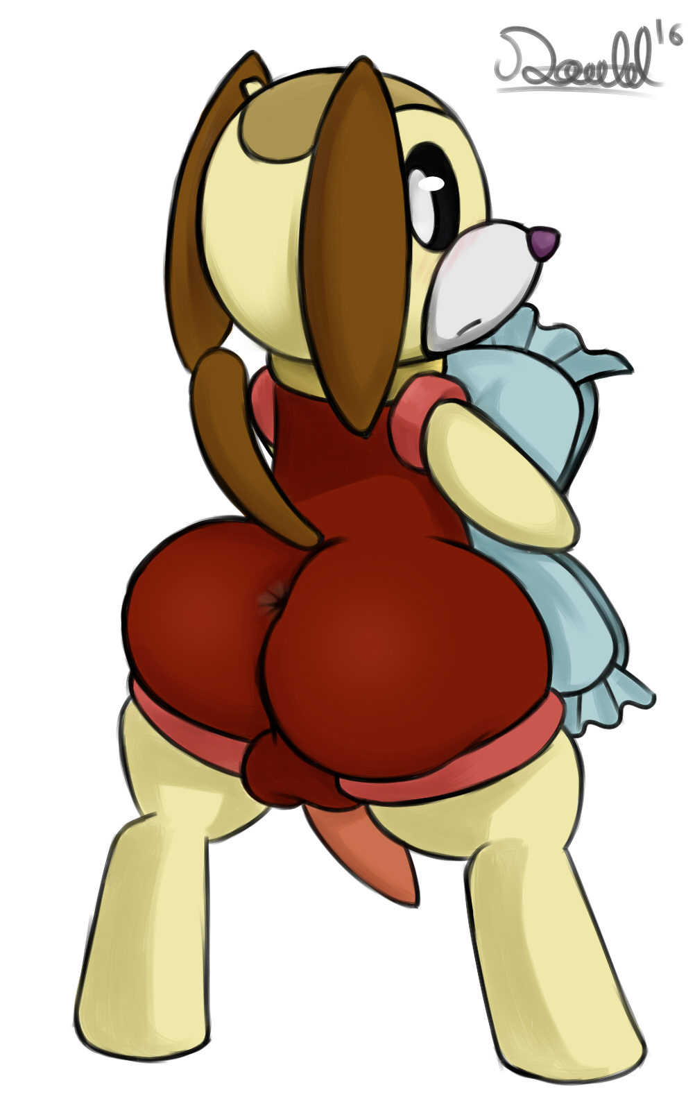 anus ass balls brown_tail canine cartoon_network cute davi_riolu_(artist) looking_at_viewer looking_back machine male male_only mammal penis pillow poochie powerpuff_girls powerpuff_girls_z rear_view red_body robot simple_background smooth_fur solo yellow_body