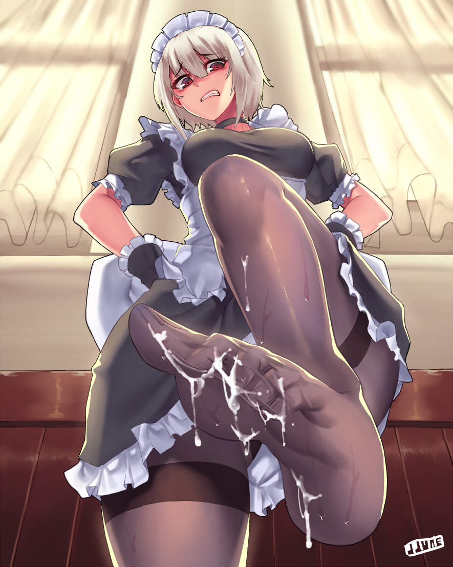 breasts, choker, cum, cum on feet, curtains, disgusted, female, footjob, footjob with legwear, indoors, jjune, maid, maid outfit, nervous, original, red eyes, short hair, standing, standing footjob, sweat, tagme, thighhighs, white hair