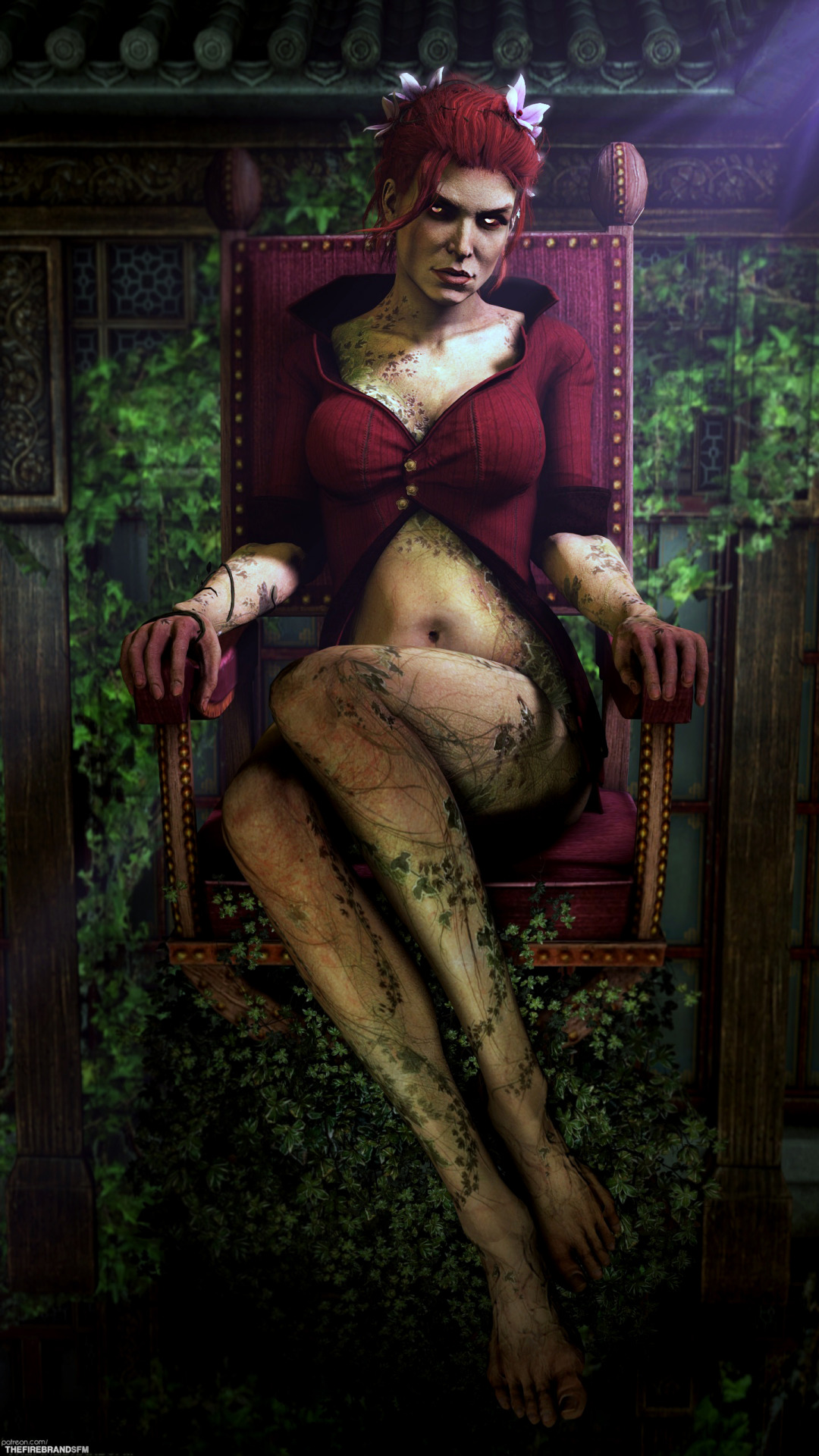 1girls, 3d, ass, bare legs, barefoot, batman (series), batman: arkham knight, big breasts, breasts, chair, clothed, dc, dc comics, eyebrows, eyes, feet, female, female only, fingers, flower, full body, green skin, green-skinned female, hands, hips, large breasts, legs, lipstick, long hair, looking at viewer, makeup, nails, nose, pamela isley, plant, poison ivy, poison ivy (arkham knight), poison ivy (arkham), red hair, red lipstick, rocksteady studios, sitting, solo, source filmmaker, stomach, tattoo, the firebrand, thigh highs, toes, white eyes