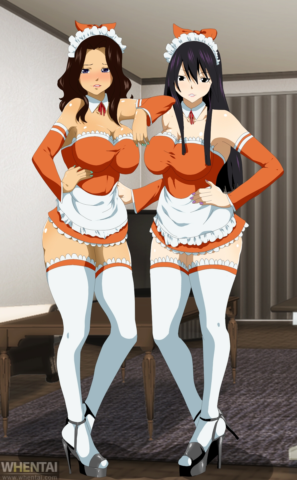 2016, 2girls, ass, big ass, black eyes, blush, breasts, brown hair, brown-haired female, cana alberona, ed-jim, eyebrows, eyes, fairy tail, female, female only, fingernails, fingers, full body, hand on hip, hands, heels, high heels, large breasts, legs, legwear, lipstick, long hair, looking at viewer, maid, maid headdress, maid outfit, multiple females, multiple girls, nail polish, nails, nose, pink lipstick, platform heels, purple eyes, purple hair, purple-haired female, smile, standing, stockings, table, thigh highs, thighhighs, ultear milkovich, very long hair, whentai, white legwear