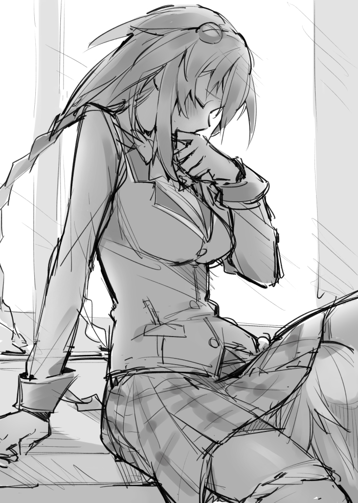 2girls, alternate costume, black heart, blush, braid, closed eyes, covering mouth, cunnilingus, female, gebyy-terar, greyscale, head under skirt, monochrome, multiple females, multiple girls, neptune (neptunia), neptunia (series), noire, oral, panties, panties around one leg, pleated skirt, purple heart (neptunia), school uniform, sketch, skirt, tied hair, twin braids, under skirt, underwear, yuri