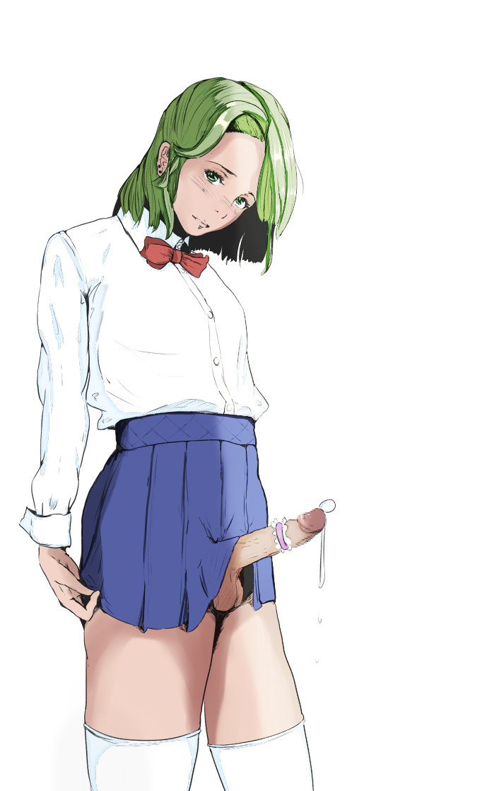 1boy, contrapposto, cum, cum string, diathorn, earrings, erection, femboy, green eyes, green hair, head tilt, jewelry, lips, looking at viewer, male, male only, penis, pleated skirt, ribbon, simple background, skirt, solo, solo male, thighhighs, white background