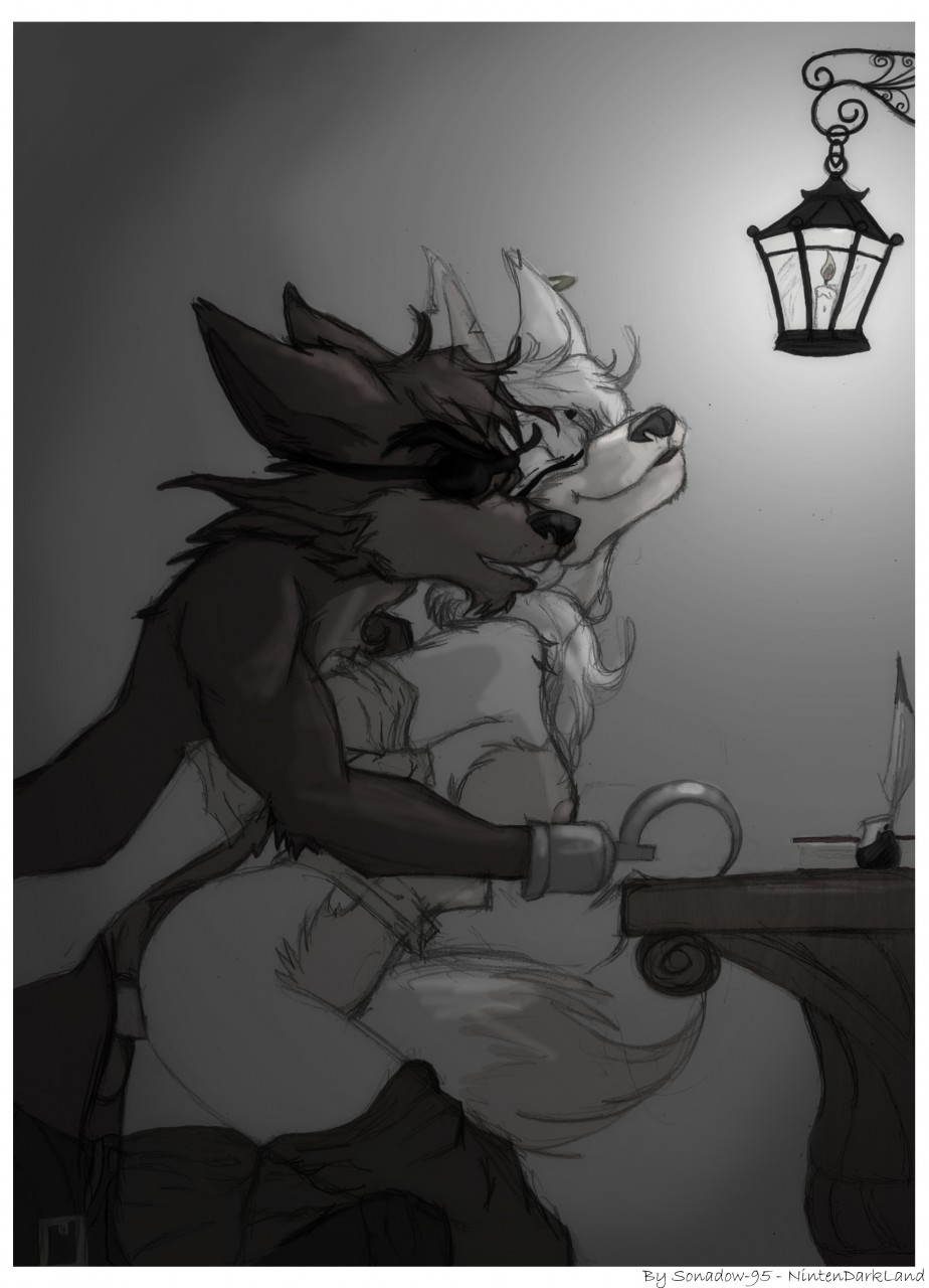 2016 anthro breasts canine closed_eyes clothing desk duo ear_piercing edit eye_patch eyewear female five_nights_at_freddy's five_nights_at_freddy's_2 fox foxy_(fnaf) from_behind_position fuzzled highres hook inside lamp male mammal mangle_(fnaf) nintendarkland nipples penetration penis piercing pirate sex smile straight vaginal_penetration video_games