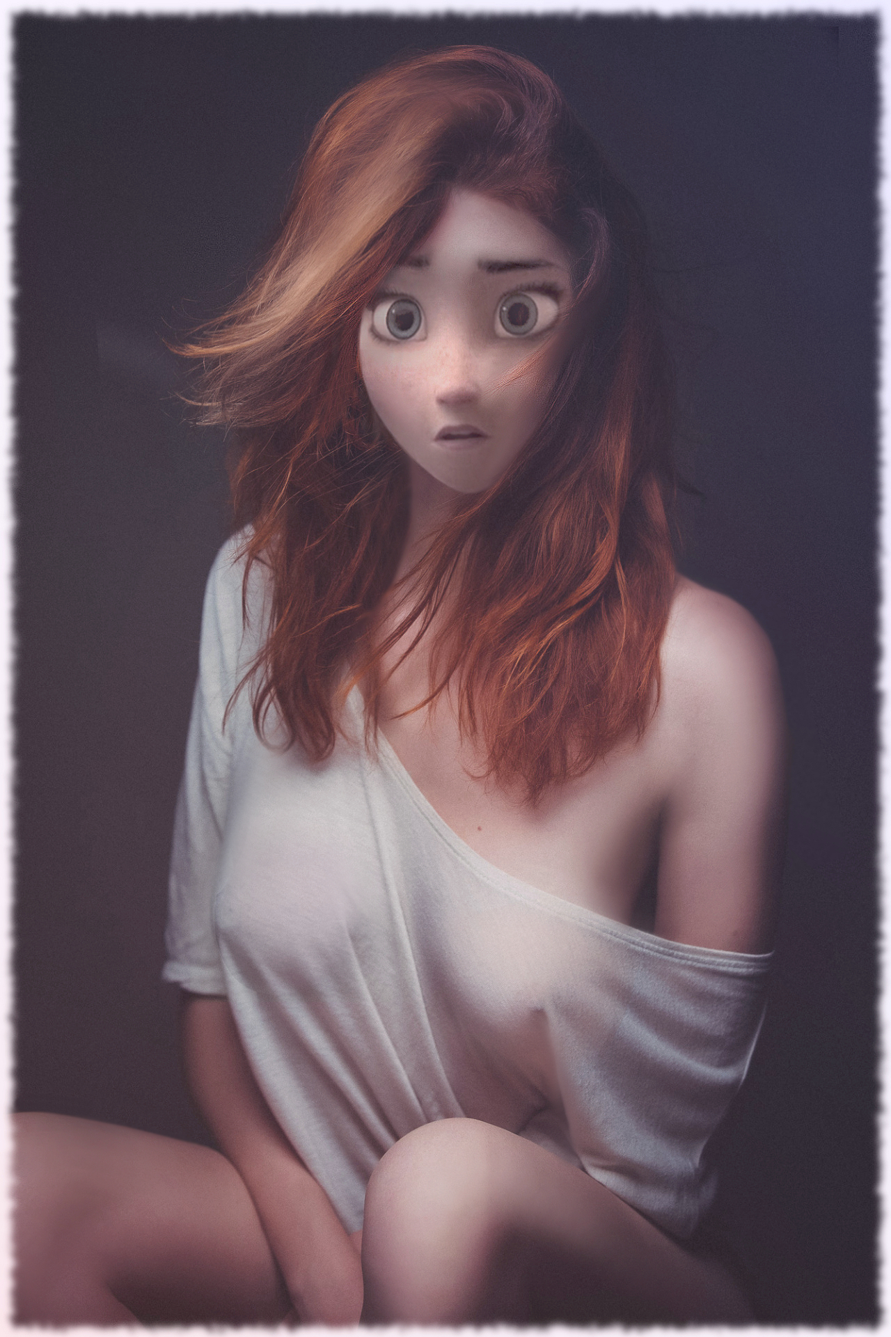 anna (frozen), auburn hair, bare shoulders, confused, disney, female, freckles, frozen (film), nipples, open mouth