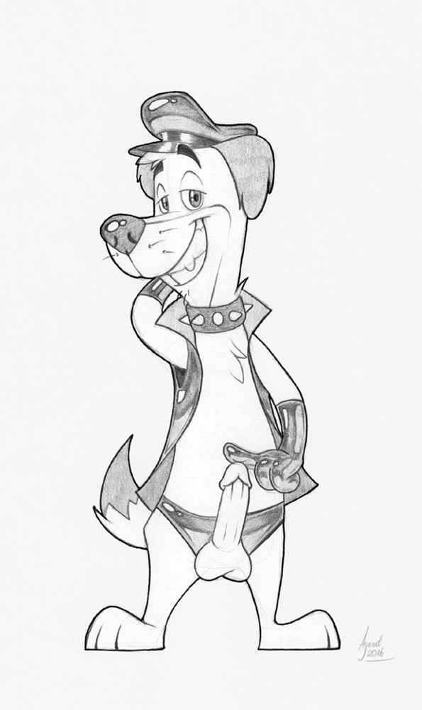 1boy agent_(artist) anthro balls canine circumcised clothing collar gloves greyscale grin hanna-barbera huckleberry_hound humanoid_penis male male_only mammal monochrome pencil_(artwork) penis pinup pose presenting presenting_penis raised_arm rubber seductive signature solo spiked_collar spikes standing testicles the_huckleberry_hound_show thong traditional_media_(artwork) vest