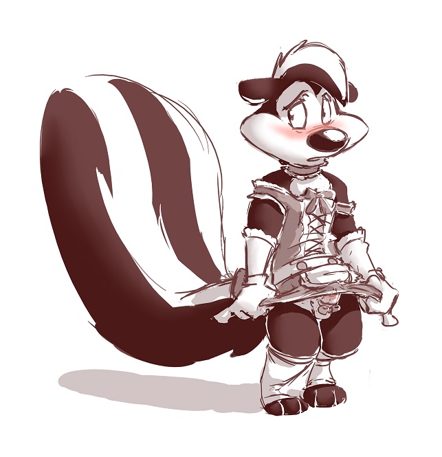 1boy animal_genitalia anthro balls blush clothed clothing covering covering_self crossdressing embarrassed erection erection_under_clothes fluffy fluffy_tail front_view looking_away looney_tunes maid_uniform male male_only mammal monochrome no_underwear penis_bow penis_ribbon pepe_le_pew ribbons sheath skunk smooth_fur solo uniform warner_brothers yamamoto