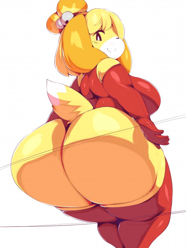 alternate_version_available animal_crossing anthro ass bell blonde_hair breasts canine canine_humanoid dog_tail female female_focus female_only furry isabelle_(animal_crossing) large_ass large_butt leotard nintendo sideboob sitting tail thick_thighs thighs thighsocks trinity-fate62 yellow_fur