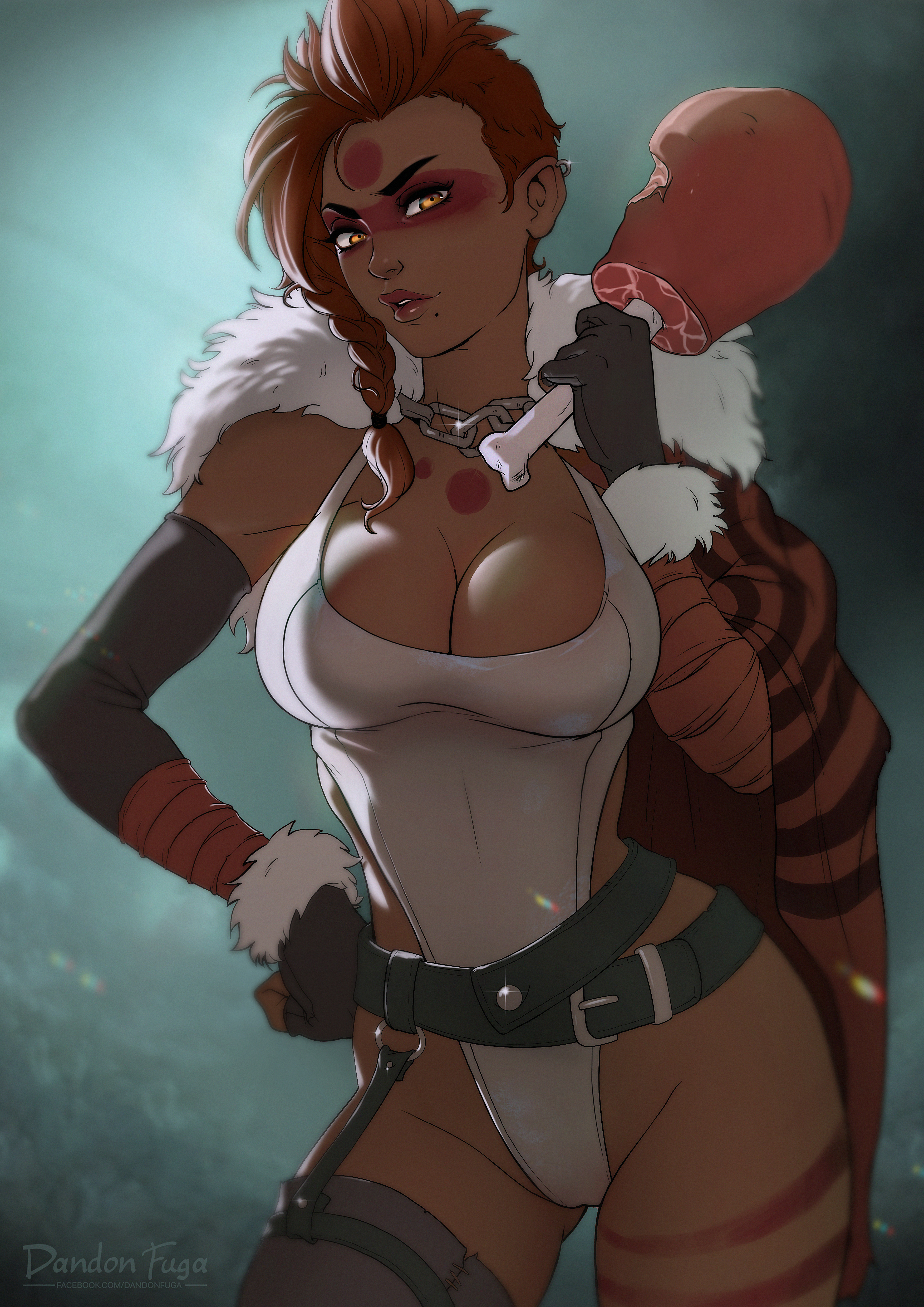 belly, breasts, brunhilde (dandon fuga), cleavage, covered breasts, covered nipples, dandon fuga, elbow gloves, erect nipples, facepaint, female, female only, fingerless gloves, food, gloves, high resolution, huge breasts, large breasts, legs, legwear, leotard, lips, long hair, navel, nipple bulge, nipples, original, original character, pussy, red hair, solo, thighs, torn clothes, vagina, very high resolution, yellow eyes