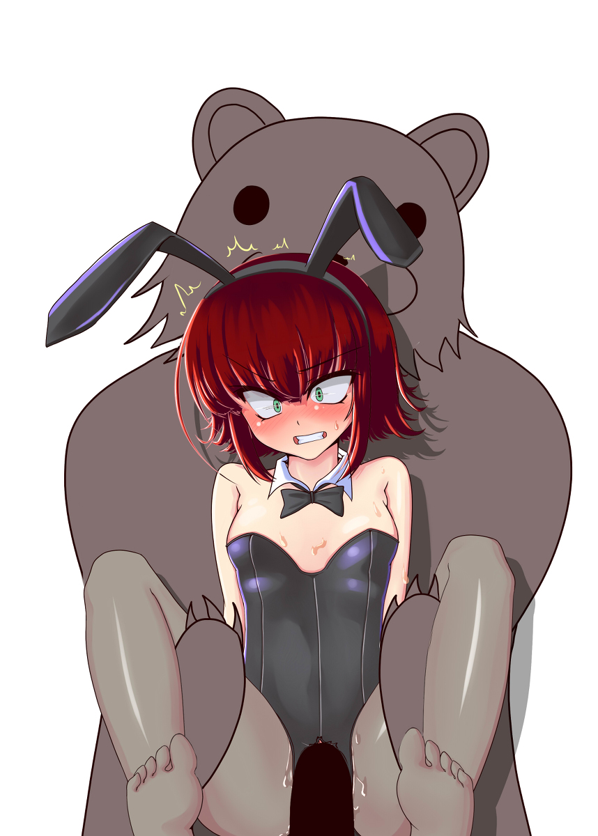 1girls anger annie_hastur blush bowtie bunny_ears bunnysuit detached_collar feet female green_eyes held_up league_of_legends pantyhose pedobear penetration rape red_hair restrained rnerhlrl short_hair tagme through_clothes