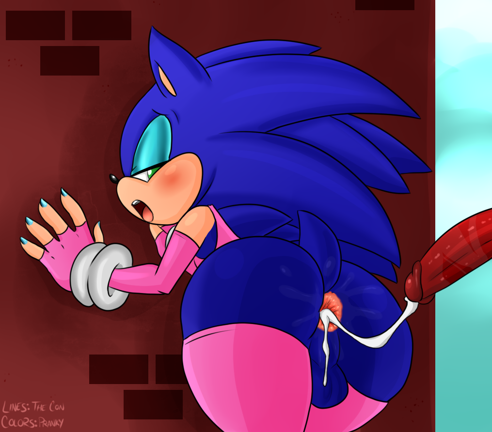 2boys, against wall, alternate body type, androgynous, anthro, anus, armwear, ass, backsack, balls, ballsack, blue fur, blush, clothed, clothing, colored nails, crossdressing, cum, cum in ass, cum inside, cum string, disembodied penis, duo, eyeshadow, femboy, feminine male, fur, furry, gay, girly, green eyes, hedgehog, legwear, lipstick, looking back, makeup, male, mammal, nail polish, penis, pranky, prostitution, red penis, sega, solo focus, sonic (series), sonic the hedgehog, sonic the hedgehog (series), tail, thecon, thigh highs, trap, yaoi