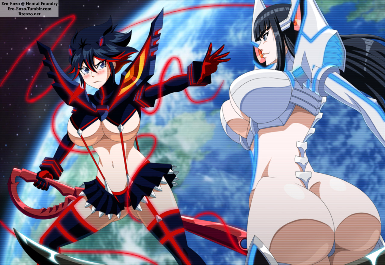 1girls, 2girls, armor, ass, big ass, big butt, black hair, black-haired female, blush, breasts, catfight, ero-enzo, eyebrows, eyelashes, female, fingers, hands, hips, hourglass figure, junketsu, kill la kill, kiryuuin satsuki, large breasts, legs, legwear, lipstick, long hair, looking at viewer, matoi ryuuko, miniskirt, red hair, rtenzo, scissor blade, senketsu, shiny, shiny skin, siblings, sisters, smile, stomach, straight hair, sword, two-tone hair, very long hair, weapon