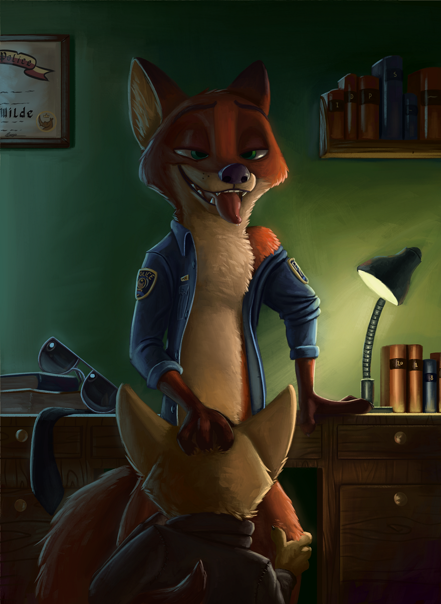 2018 2boys anthro bottomless canine clothed clothing desk dingo disney eoin_o'dwyer fellatio fox fur gay idrawpornsometimes invalid_tag male male_only mammal nick_wilde night oral orgasm painting panting police relief sex yaoi zootopia