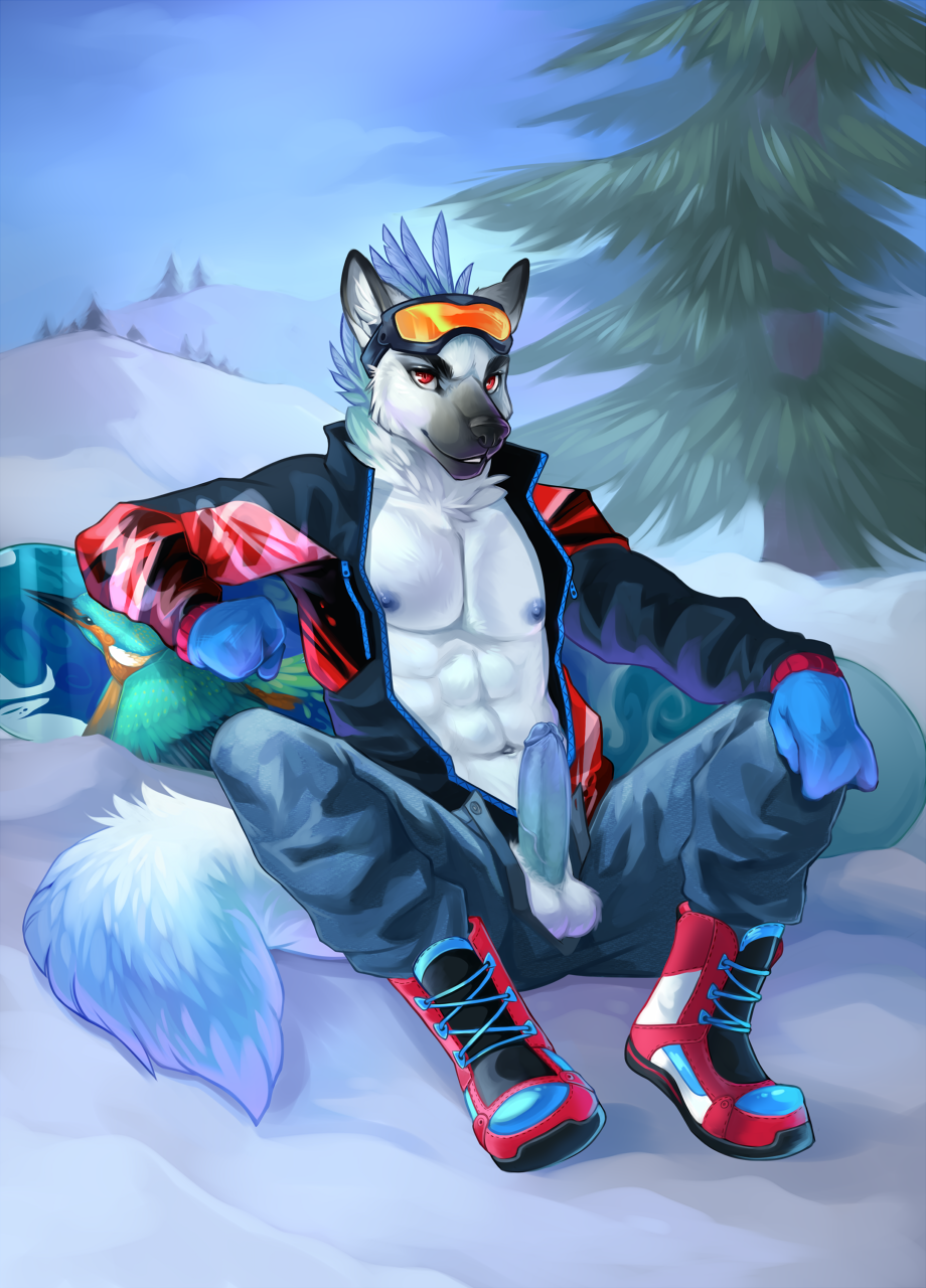 1boy abs anthro avian balls bird black_nose blue_fur blue_hair blue_nipples blue_penis boots canine clothing corvid crow demicoeur feathers footwear gloves gradient hybrid inner_ear_fluff jacket kaj looking_at_viewer male male_only mammal muscles nipples pants pecs penis pinup pose red_eyes smile snow snowboard solo spread_legs vein veiny_penis white_fur winter wolf