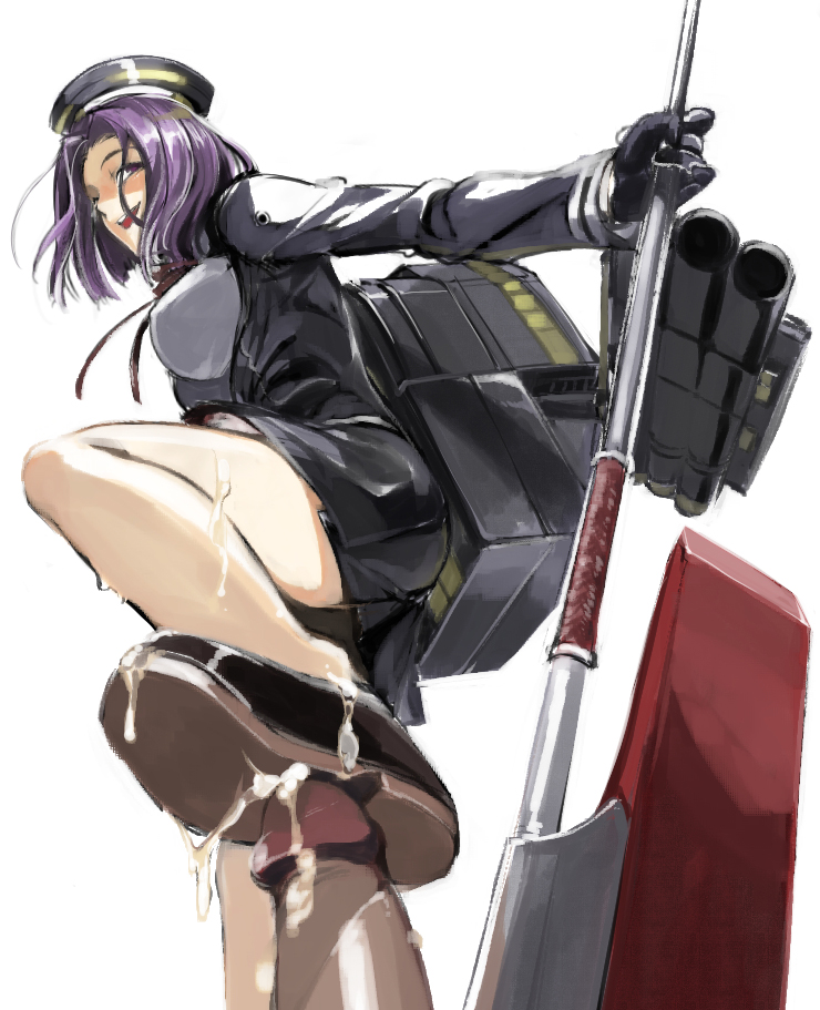 black_gloves breasts cum cum_on_body cum_on_clothes cum_on_lower_body cumdrip female from_below fully_clothed glaive gloves kantai_collection legs mechanical_halo open_mouth penis polearm purple_eyes purple_hair shoe_soles shoejob shoes simple_background smile solo takenaka_hideo tatsuta_(kantai_collection) weapon white_background