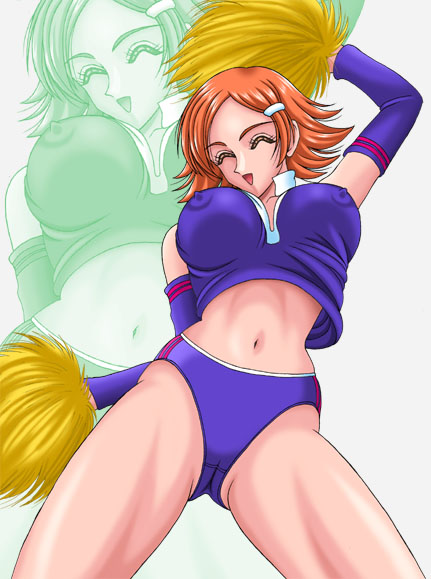 1girls cheering cheerleader cheerleader_uniform closed_eyes female female_only koutenki-en nipple_bulge orange_hair overman_king_gainer pom_poms sara_kodama silegy smile solo upshirt