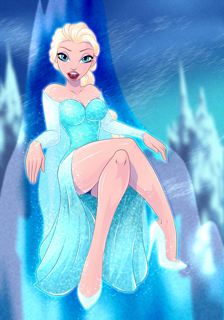 bare_shoulders big_breasts blonde_hair breasts cleavage covered_breasts disney dress elsa_(frozen) eyeshadow feet female female_only frozen_(film) high_heels human legs lipstick long_hair makeup open_mouth shoes solo teeth thighs tongue zfive