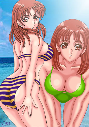 1girls bikini breasts brown_eyes brown_hair cleavage curvaceous female female_only gundam gundam_lost_war_chronicles human koutenki-en large_breasts leaning_forward light-skinned_female light_skin looking_over_shoulder multiple_poses noel_anderson ocean silegy smile standing